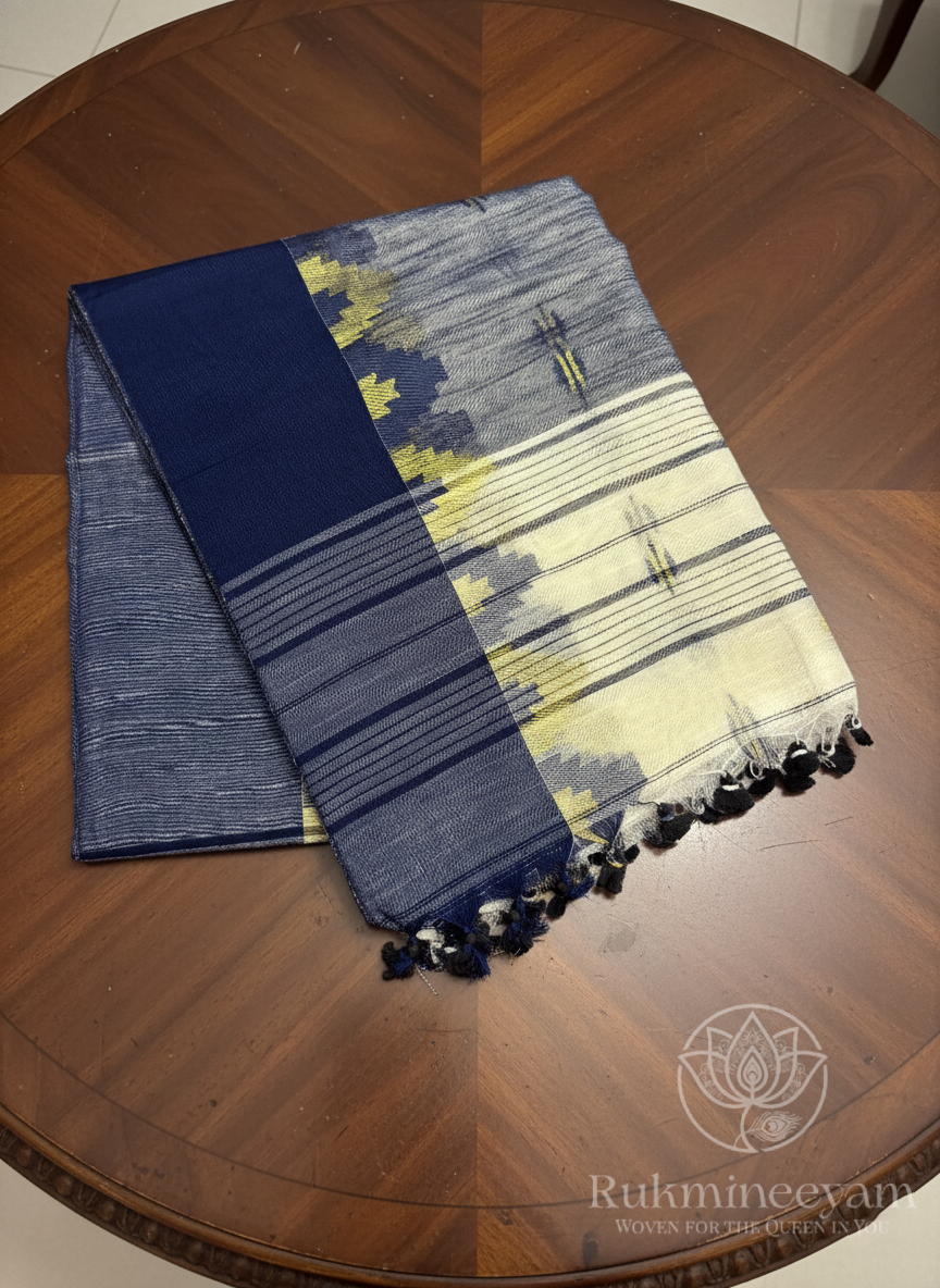 Off-White Navy Blue Handloom Khadi Cotton Saree