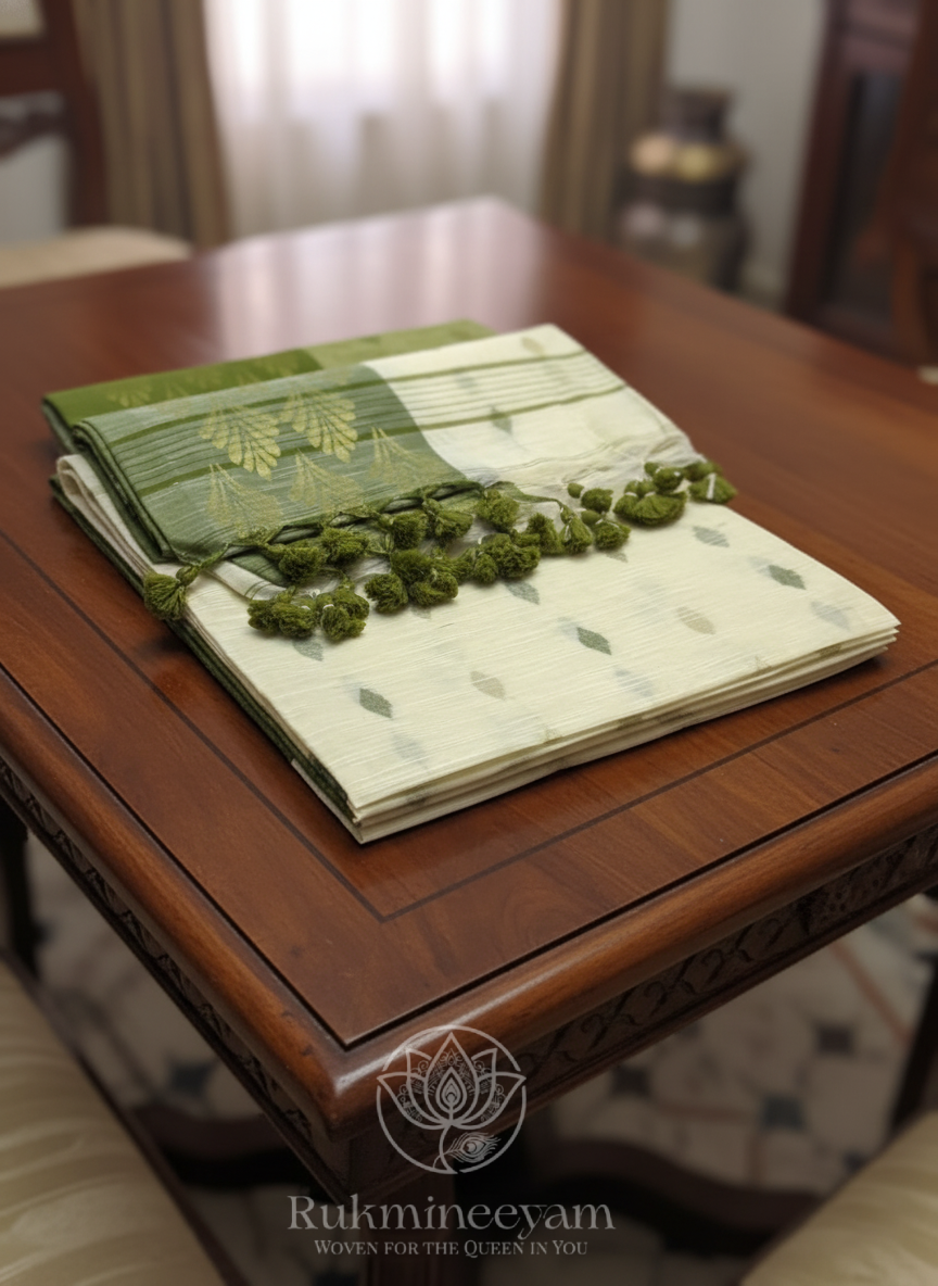 Off-White Green Handloom Khadi Cotton Saree