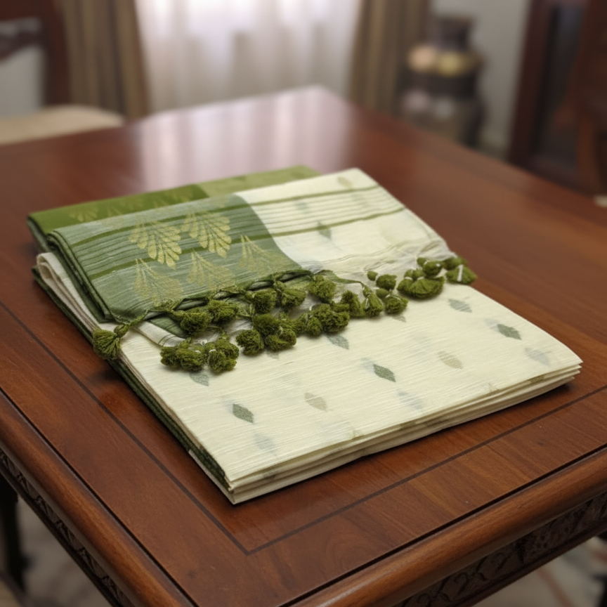 Off-White Green Handloom Khadi Cotton Saree