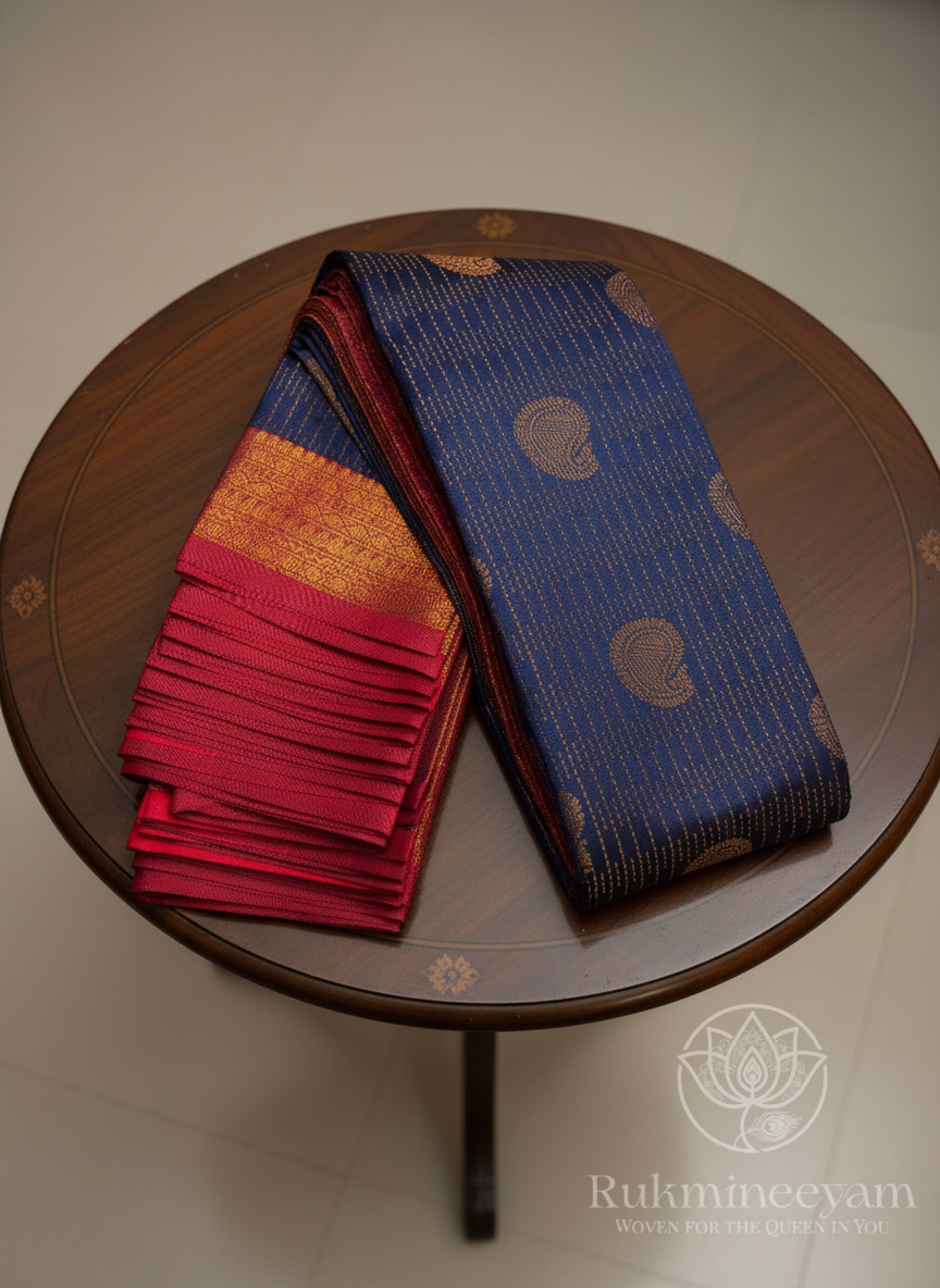 Navy Blue Vaira Oosi Pattu Saree with Red Zari Design