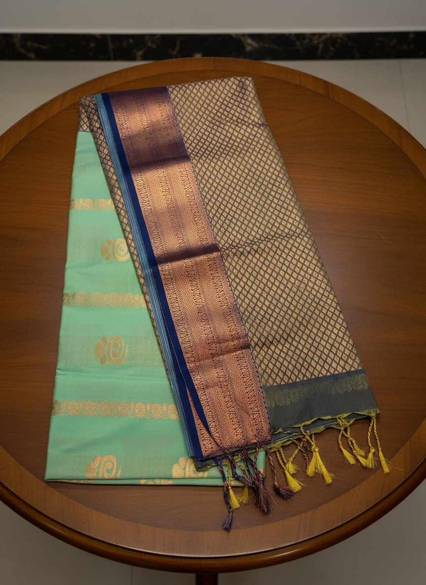 Light Green Soft Silk Saree with Rich Navy Blue Zari Design