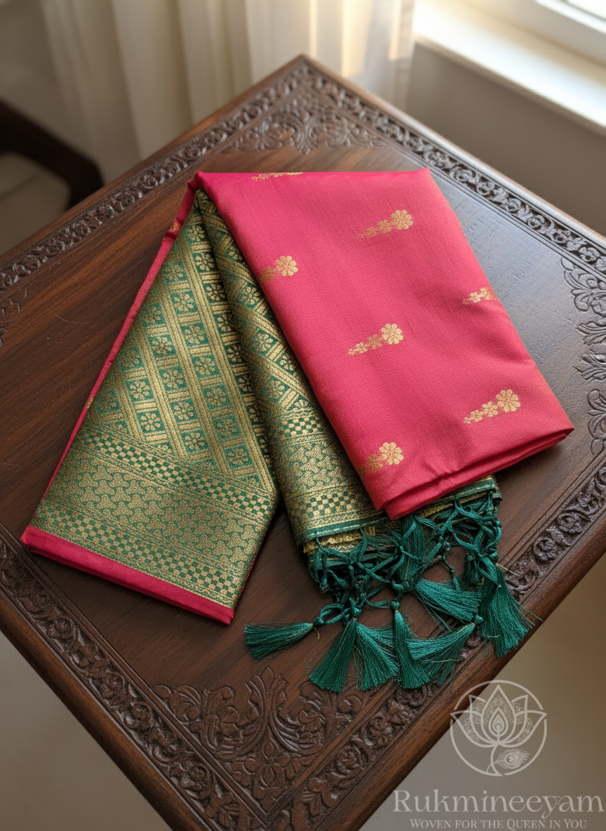 Rani Pink Silk Saree with Green Zari Design