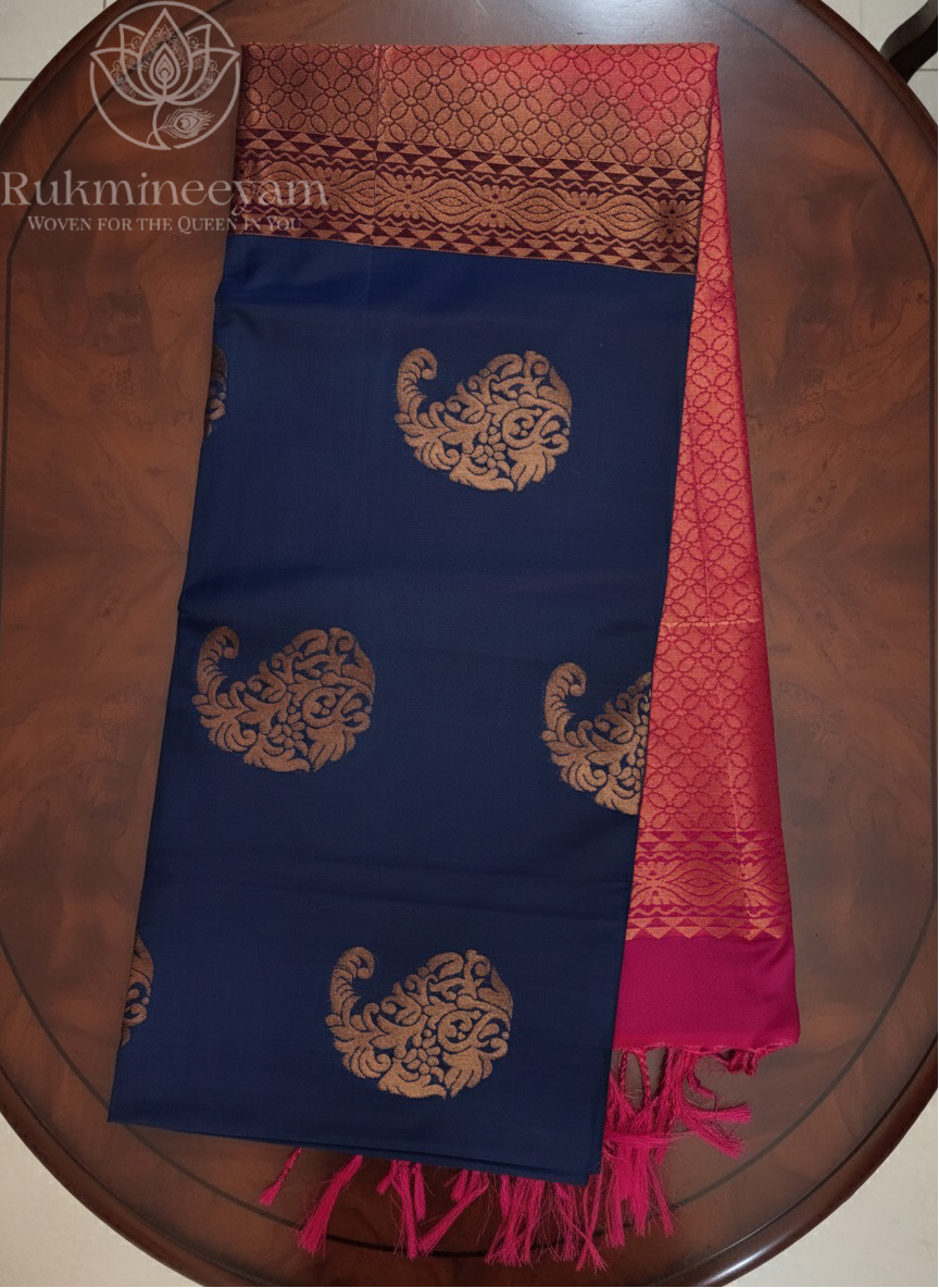 Navy Blue Soft Silk Saree with Rani Pink Zari Design