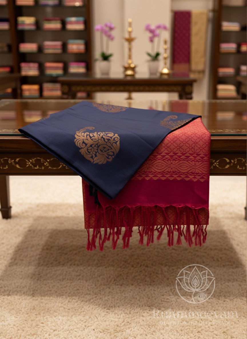 Navy Blue Soft Silk Saree with Rani Pink Zari Design