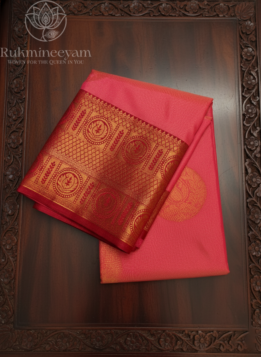 Majestic Pink Pattu Saree with Red & Gold Zari Design