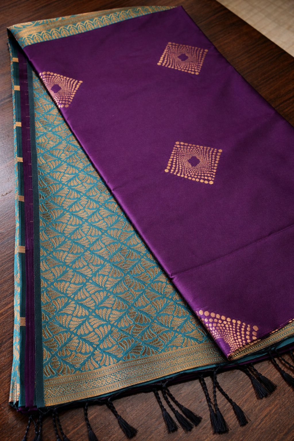 Premium Purple & Teal Silk Saree with Gold Motifs | Festive & Wedding Wear