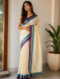Premium Off White Mul Cotton Saree with Royal Purple, Gold Zari & Blue Border