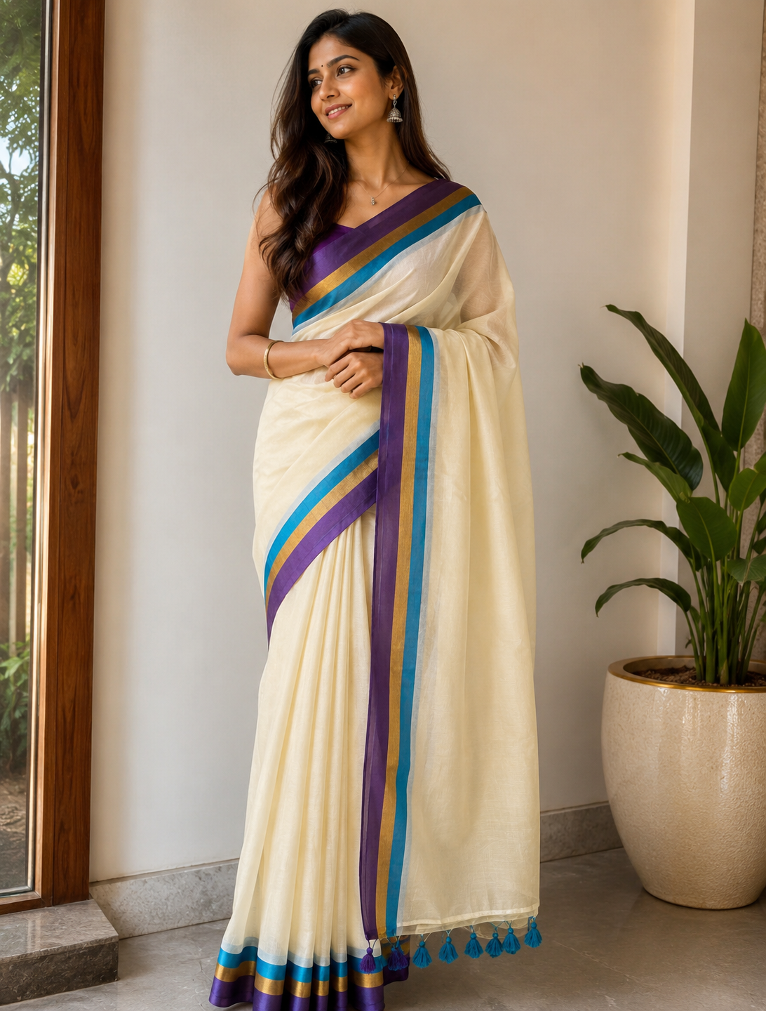 Premium Off White Mul Cotton Saree with Royal Purple, Gold Zari & Blue Border
