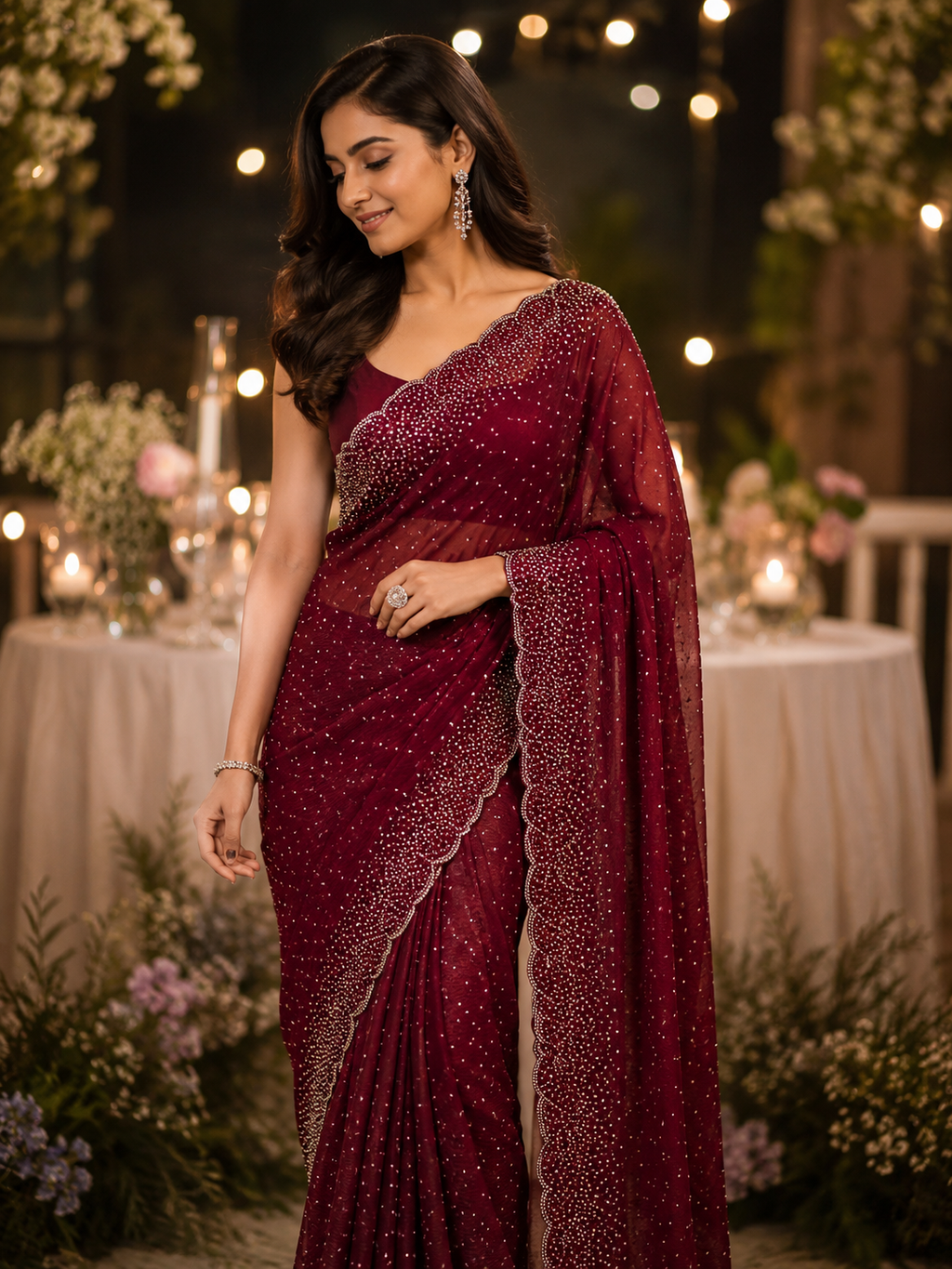 Wine Red Designer Saree with Hand Embellished Stone & Bead Work | Party Wear Saree for Women | Rukmineeyam