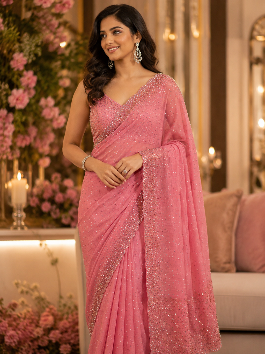 Baby Pink Hand Embellished Saree with Beaded Border | Designer Party Wear Saree