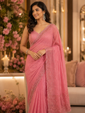 Baby Pink Hand Embellished Saree with Beaded Border | Designer Party Wear Saree