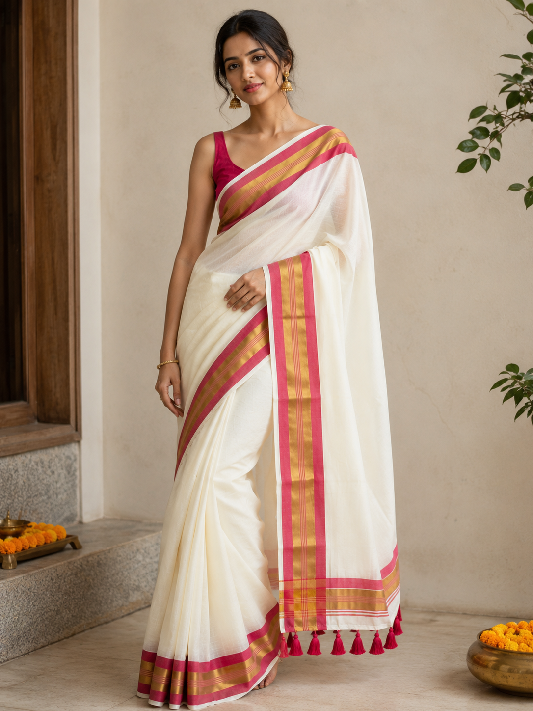 Premium Kerala Mul cotton Off-white Saree with Red & Gold Zari Border