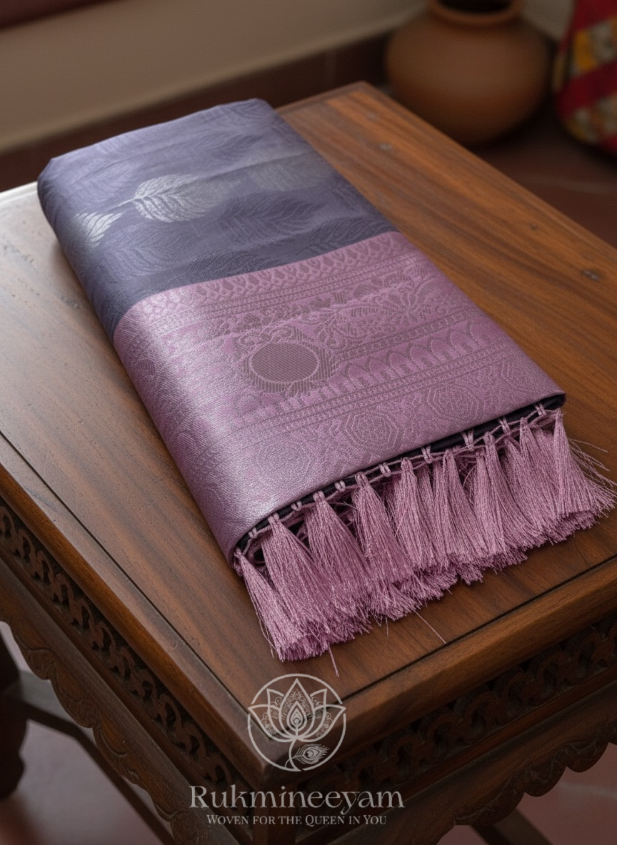 Rukmineeyam Lavender and pink silk sari with leaf motif design