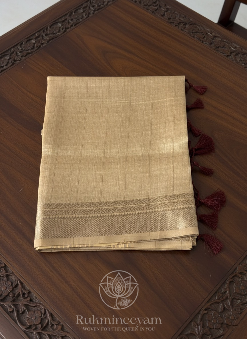 Golden Soft Tissue Silk Saree with Maroon Blouse | Checkered Pattern