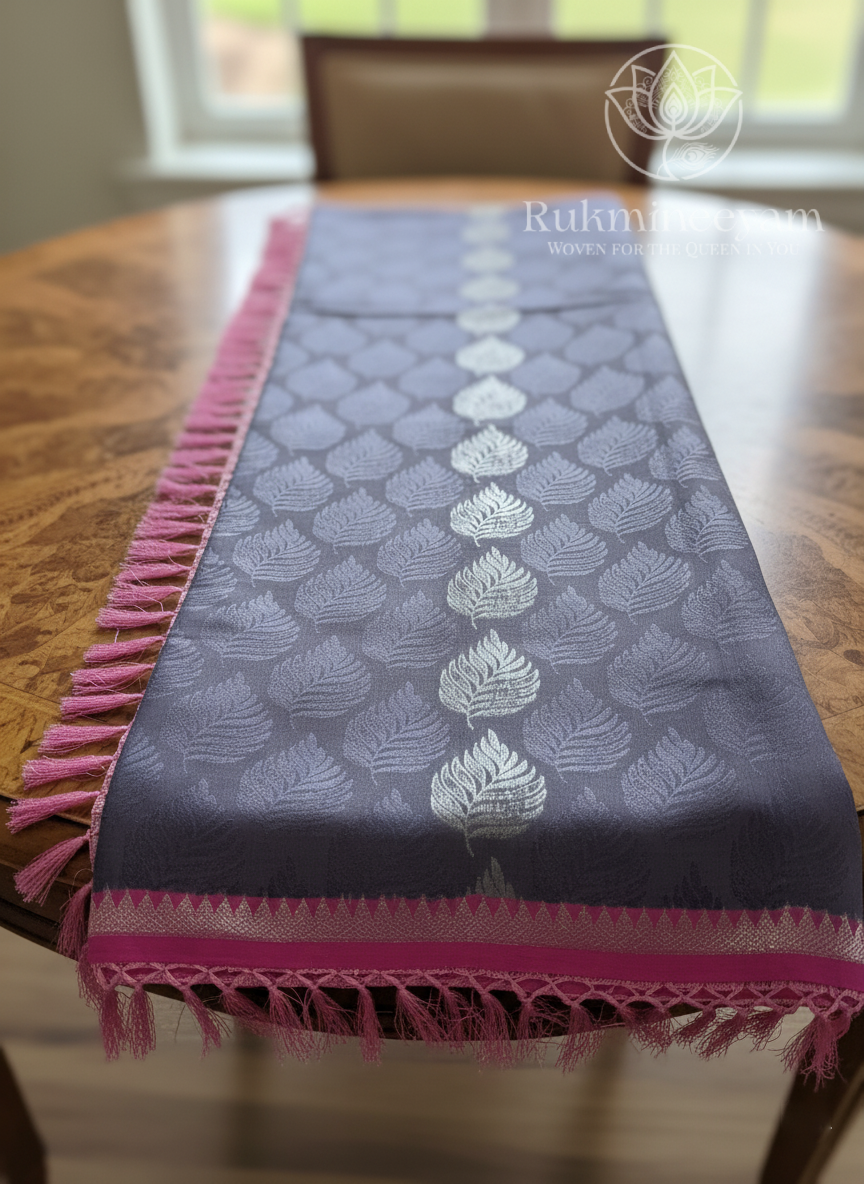 Rukmineeyam Lavender and pink silk sari with leaf motif design