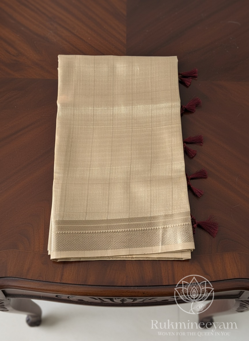 Golden Soft Tissue Silk Saree with Maroon Blouse | Checkered Pattern