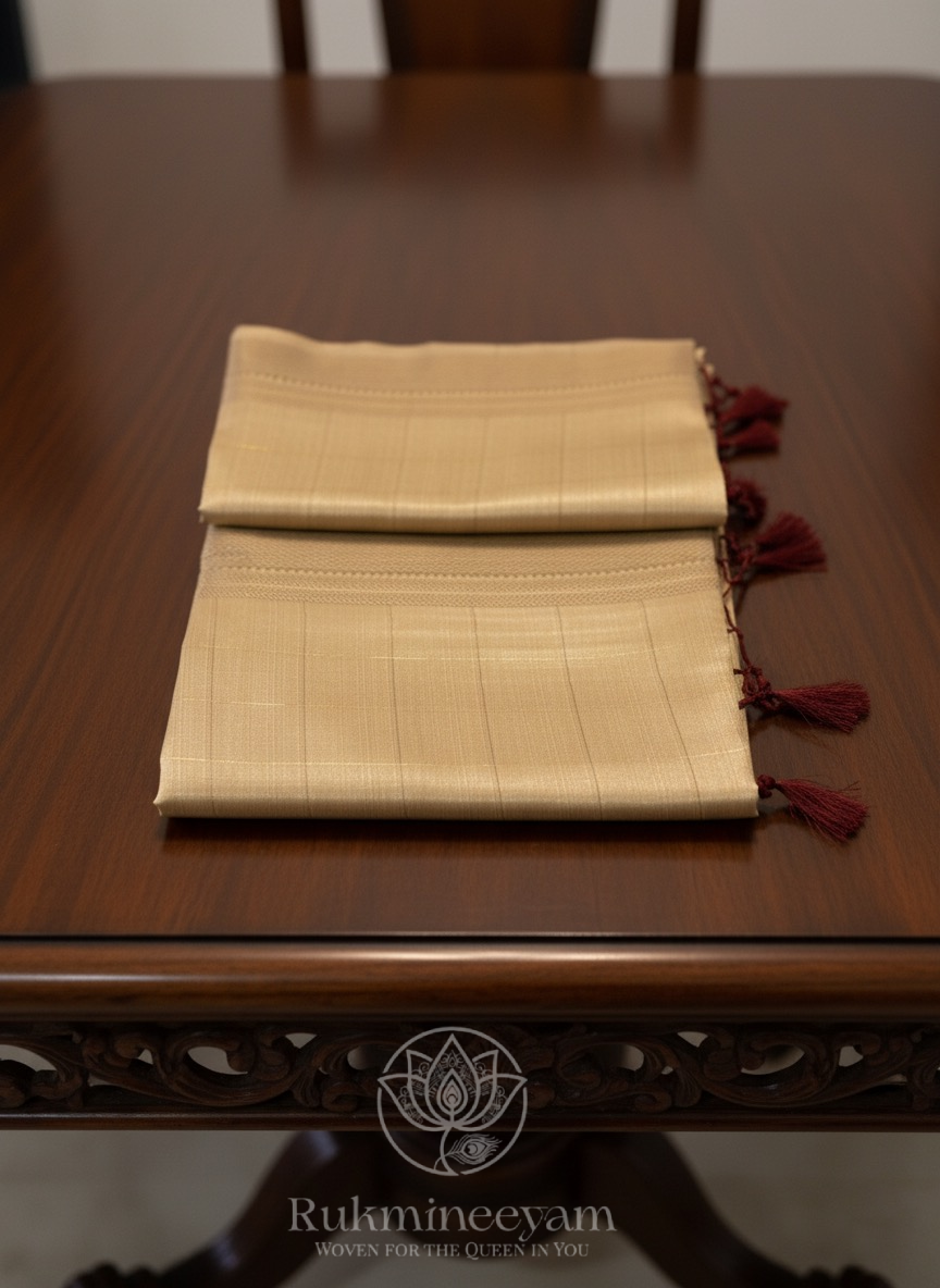 Golden Soft Tissue Silk Saree with Maroon Blouse | Checkered Pattern