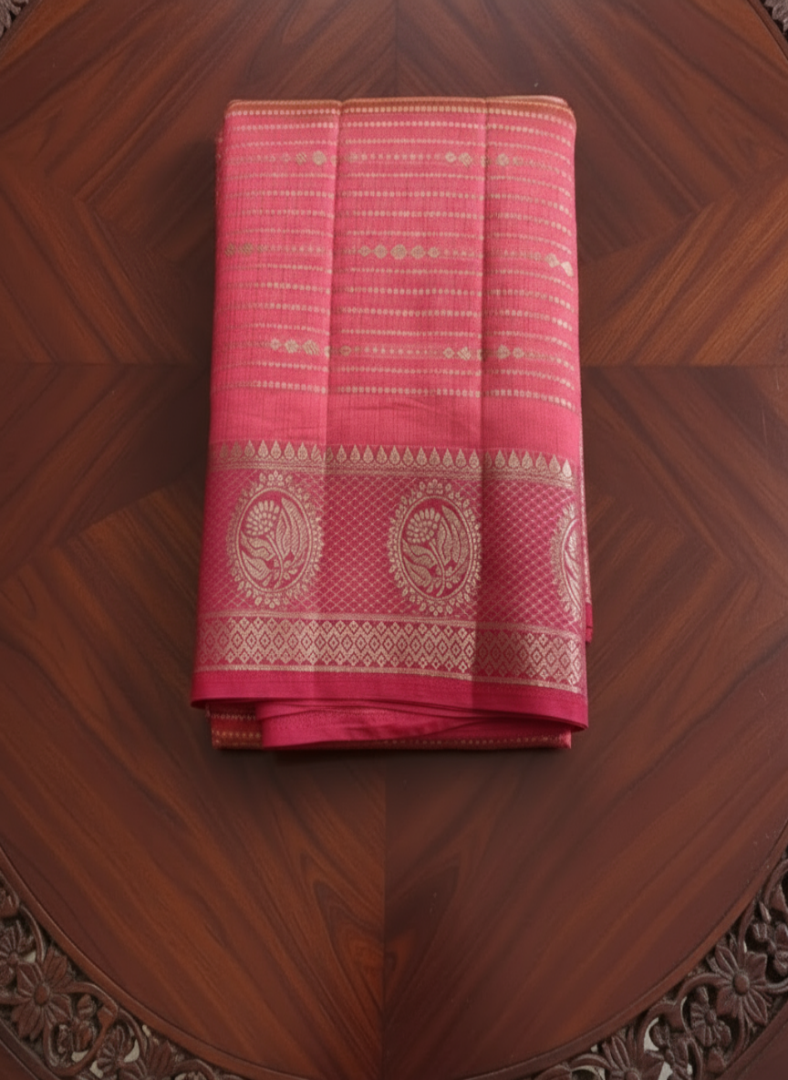 Gorgeous Orange Pink tone Silk Saree with Gold Zari Border