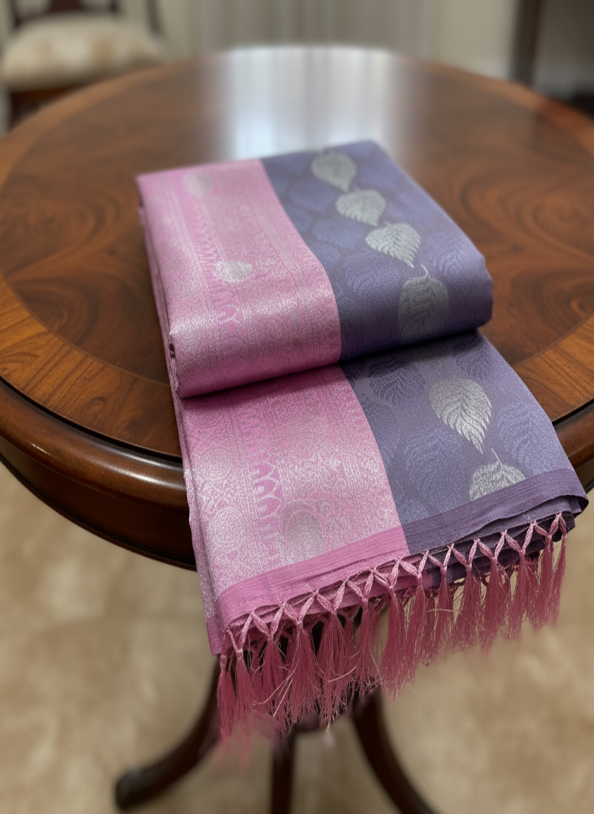 Lavender sari with pink pallu and pink blouse