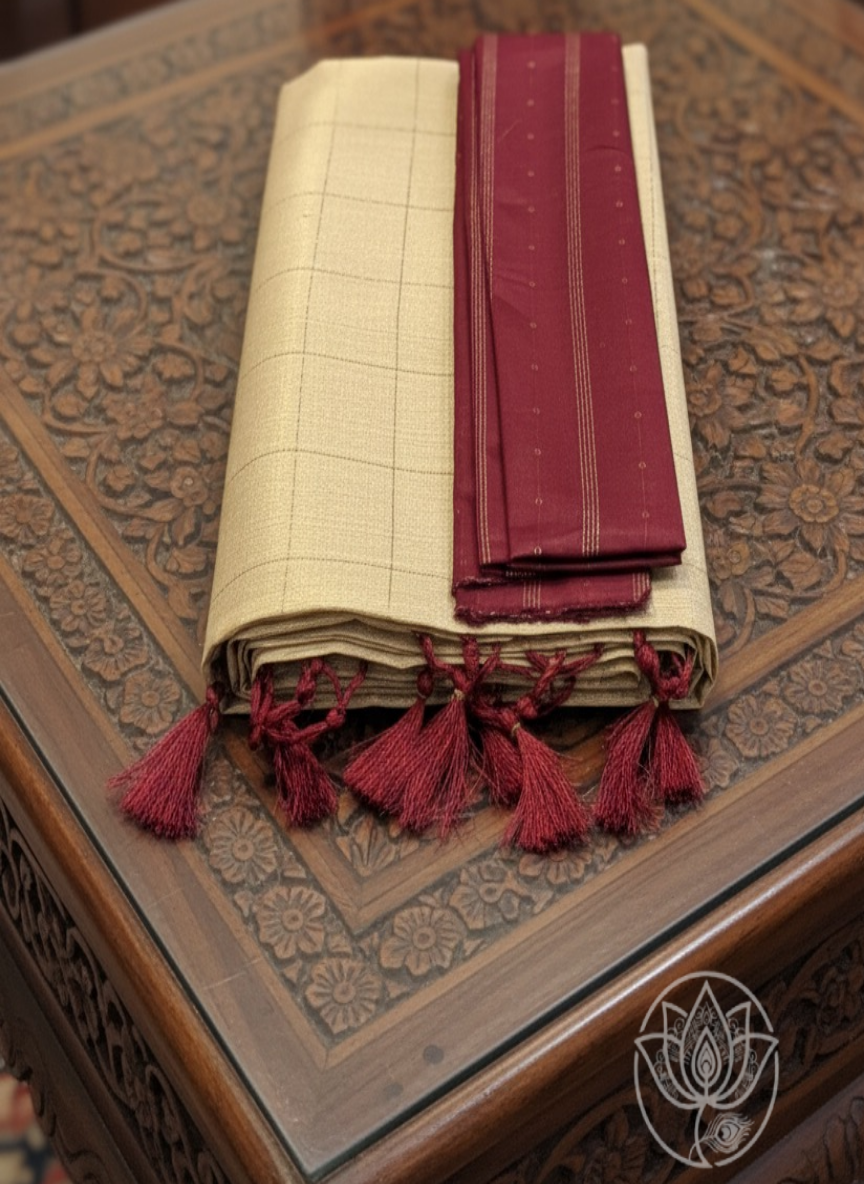 Golden Soft Tissue Silk Saree with Maroon Blouse | Checkered Pattern