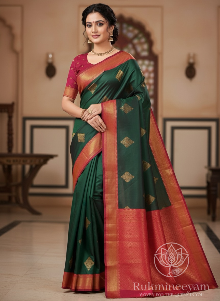 Dark Green and Red Soft Silk Saree with Zari