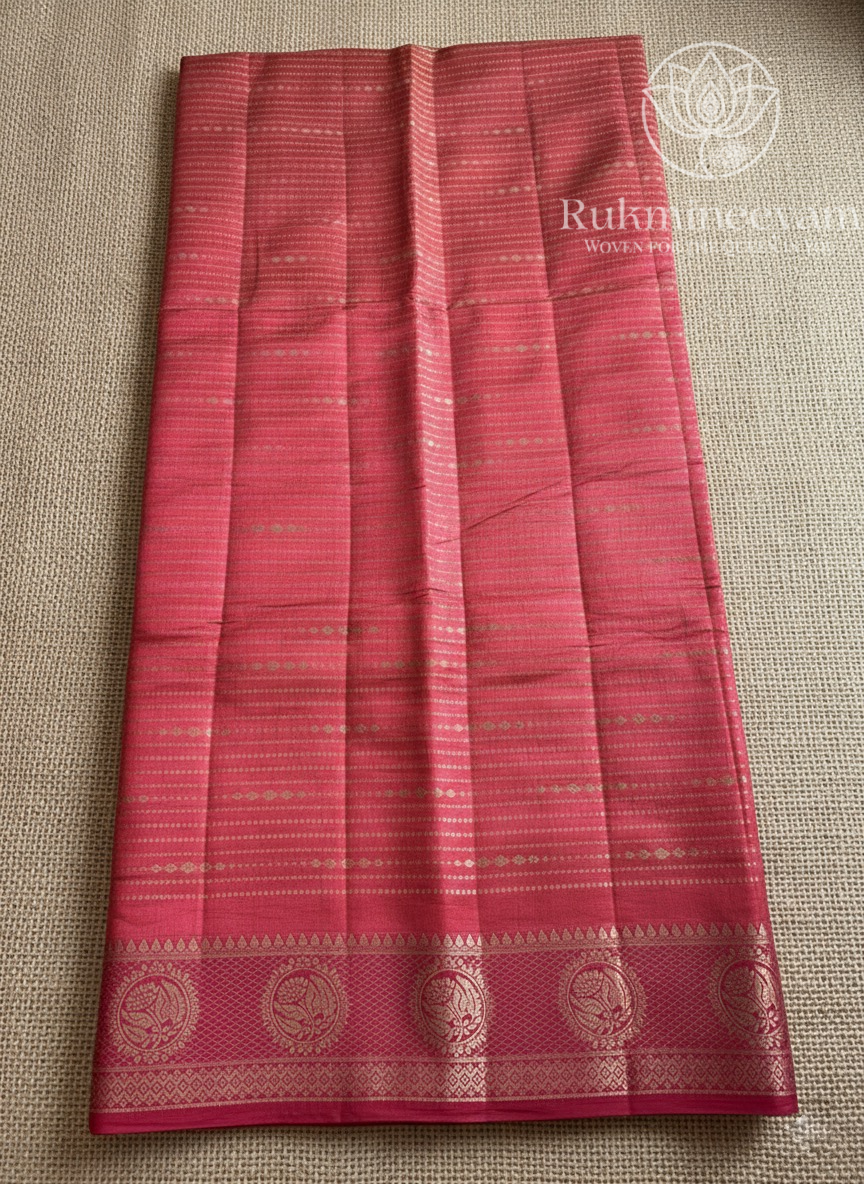 Gorgeous Orange Pink tone Silk Saree with Gold Zari Border