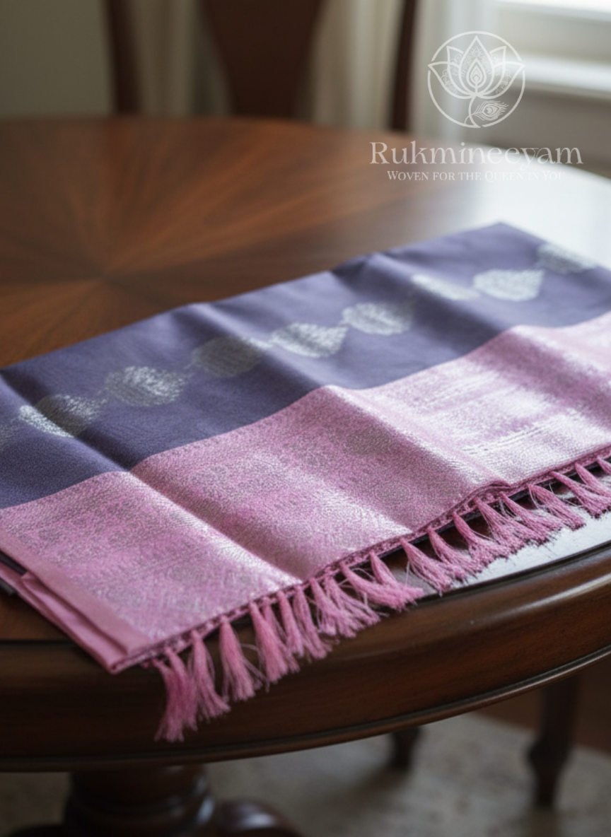 Rukmineeyam Lavender and pink silk sari with leaf motif design