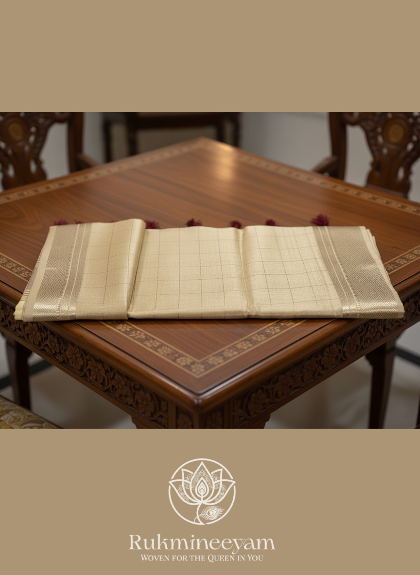 Golden Soft Tissue Silk Saree with Maroon Blouse | Checkered Pattern