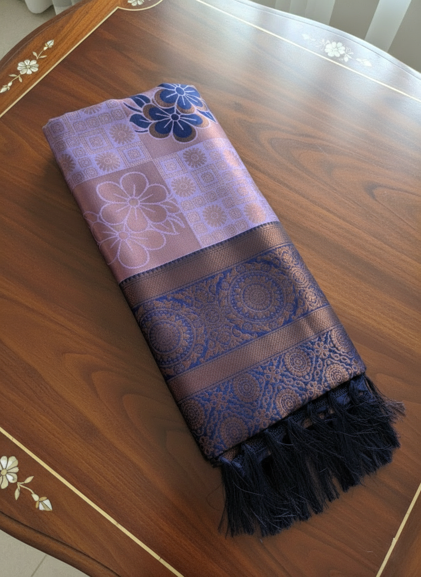 Lavender and Navy Blue Silk Saree with Zari Design
