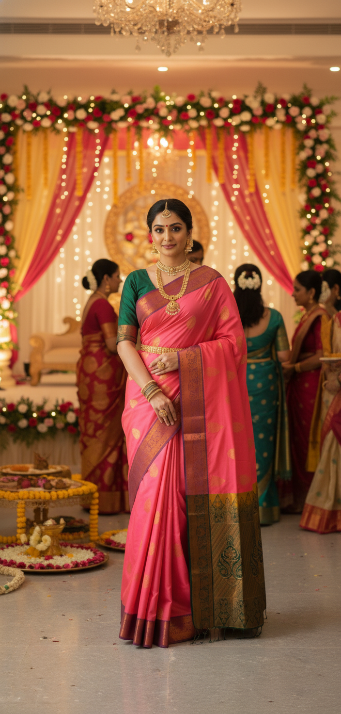 Exquisite Pink Pattu Saree with Rich Dark Green Zari Pallu