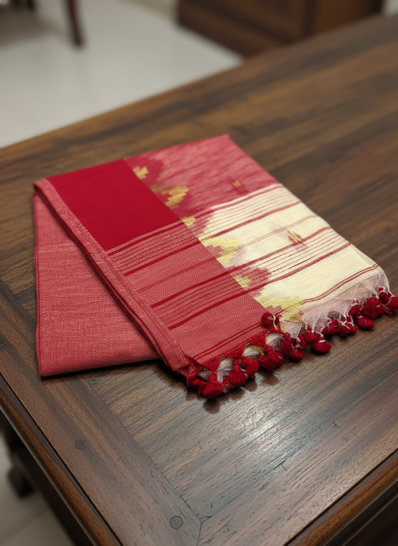 Off-White Red Handloom Khadi Cotton Saree