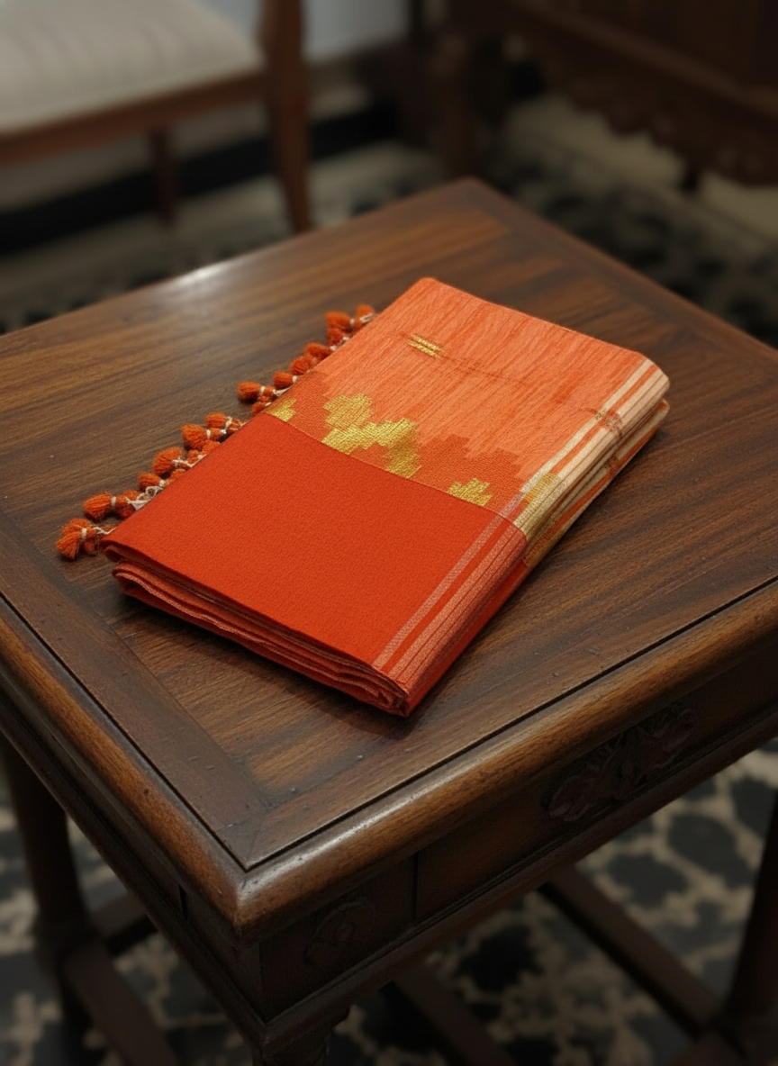 Off-White Orange Handloom Khadi Cotton Saree | Rukmineeyam