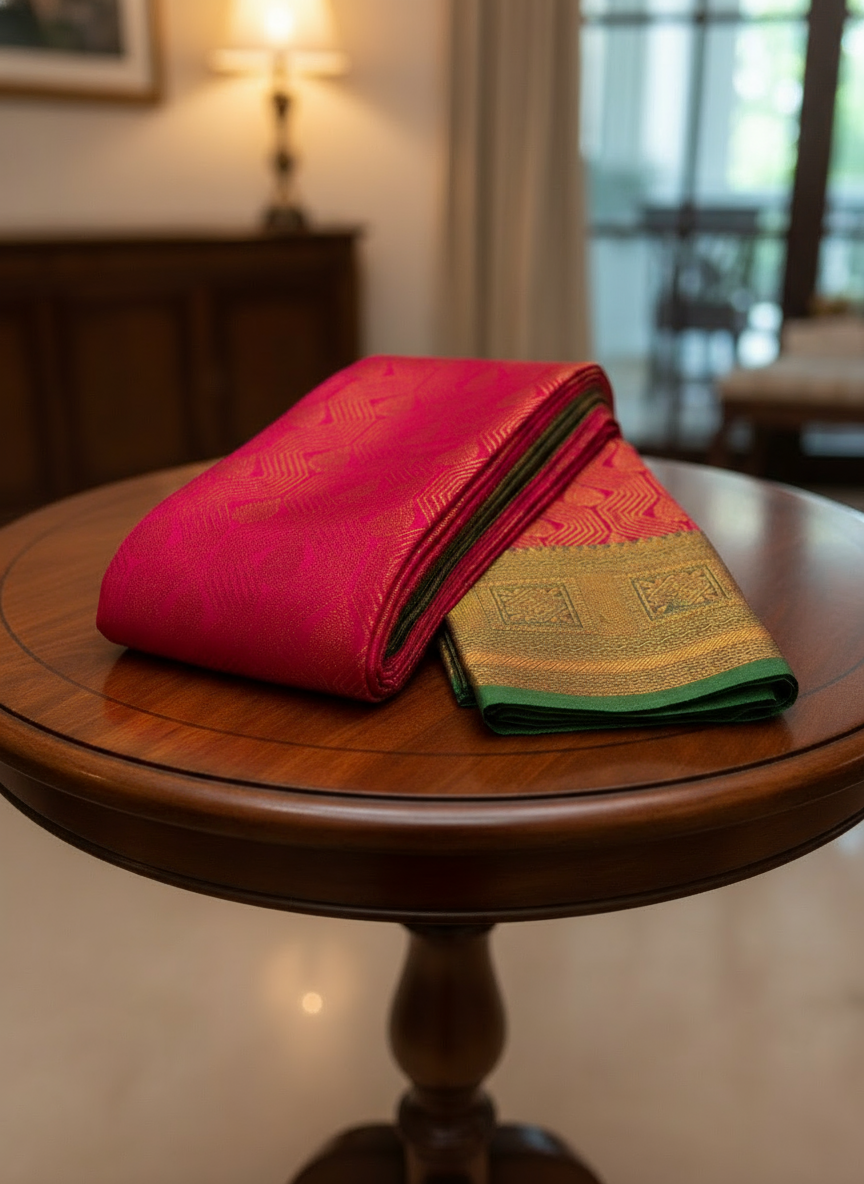 Rani Pink Vaira Oosi Pattu Saree with Rich Green Border