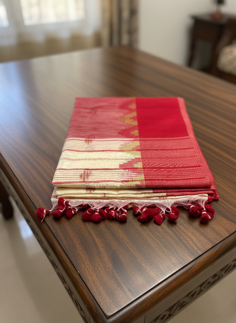 Off-White Red Handloom Khadi Cotton Saree | Rukmineeyam