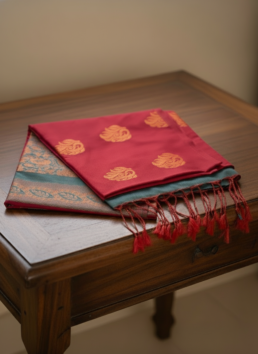 Red and Green Soft Silk Borderless Saree | Rukmineeyam