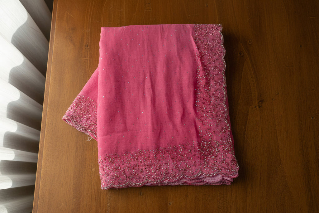 Pink Hand Embellished Saree with Beaded Border | Designer Party Wear Saree