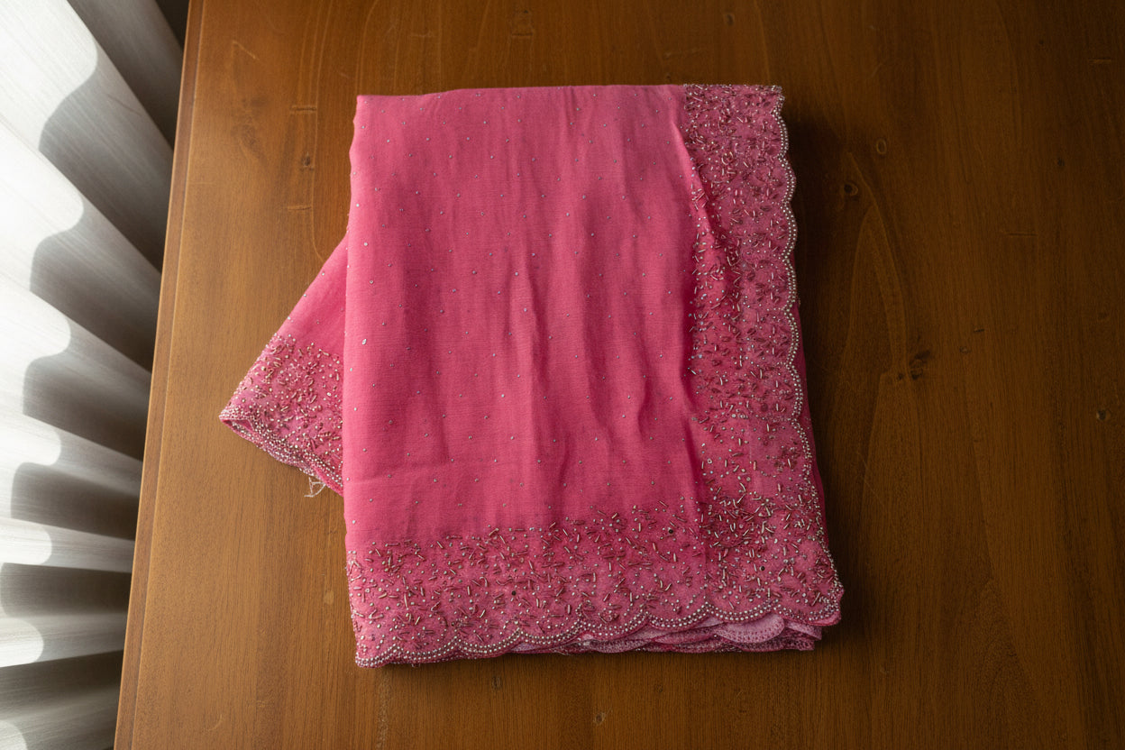 Pink Hand Embellished Saree with Beaded Border | Designer Party Wear Saree