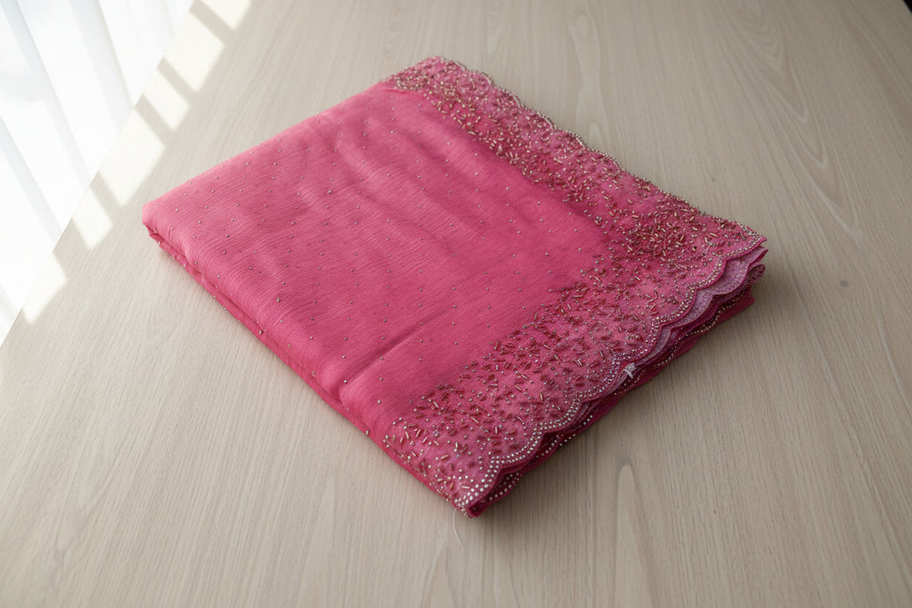 Pink Hand Embellished Saree with Beaded Border | Designer Party Wear Saree