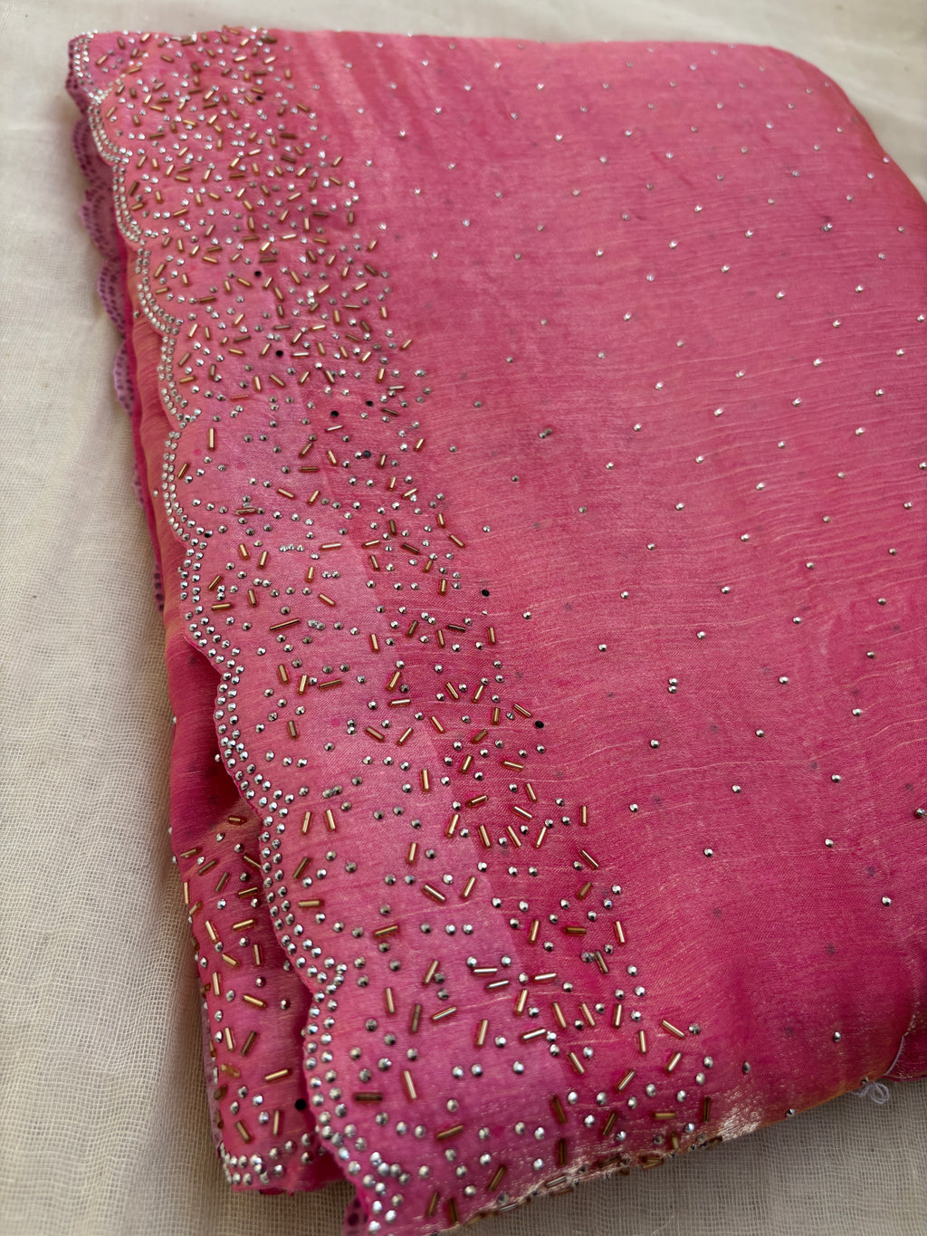 Pink Hand Embellished Saree with Beaded Border | Designer Party Wear Saree