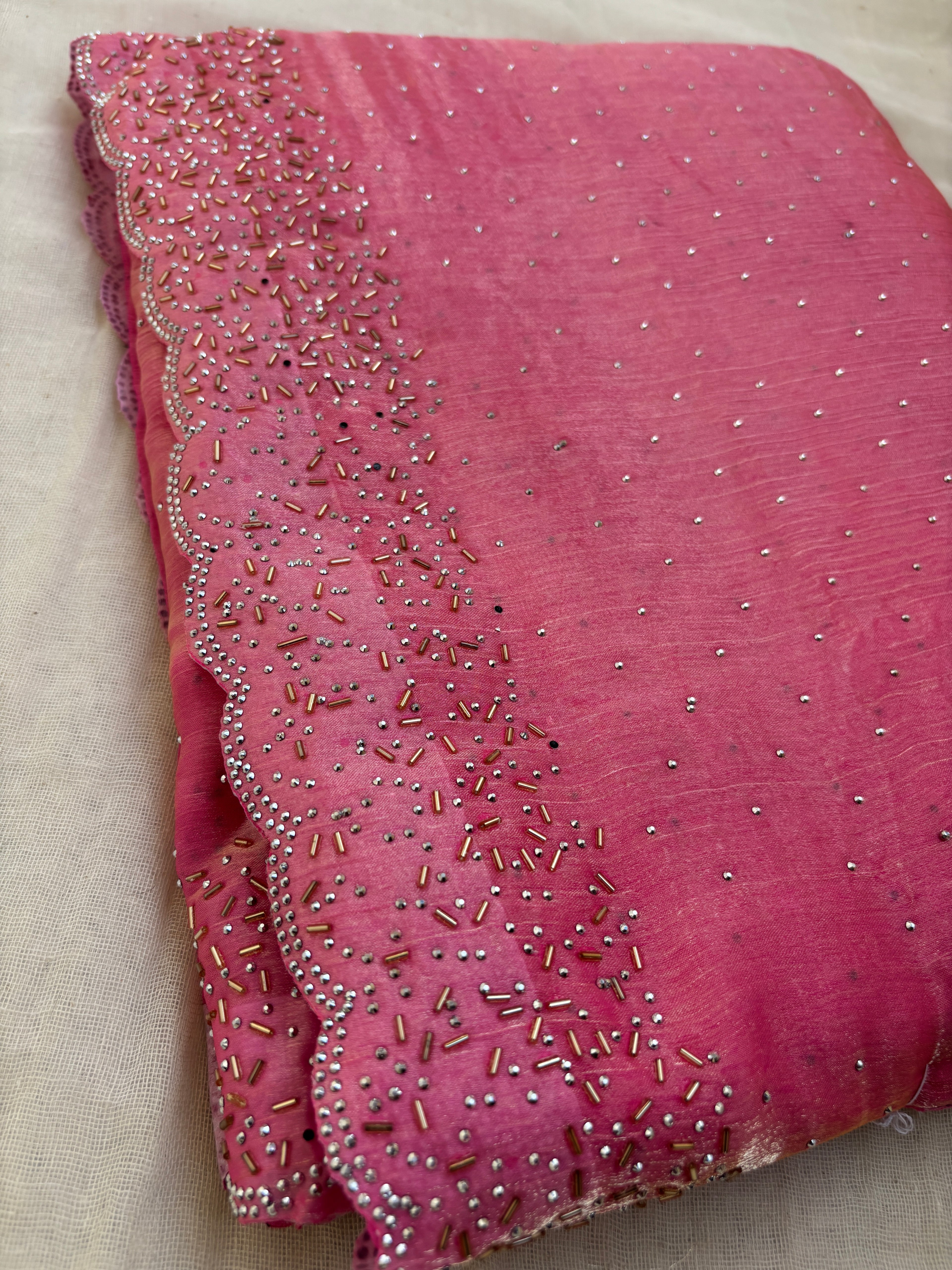 Pink Hand Embellished Saree with Beaded Border | Designer Party Wear Saree