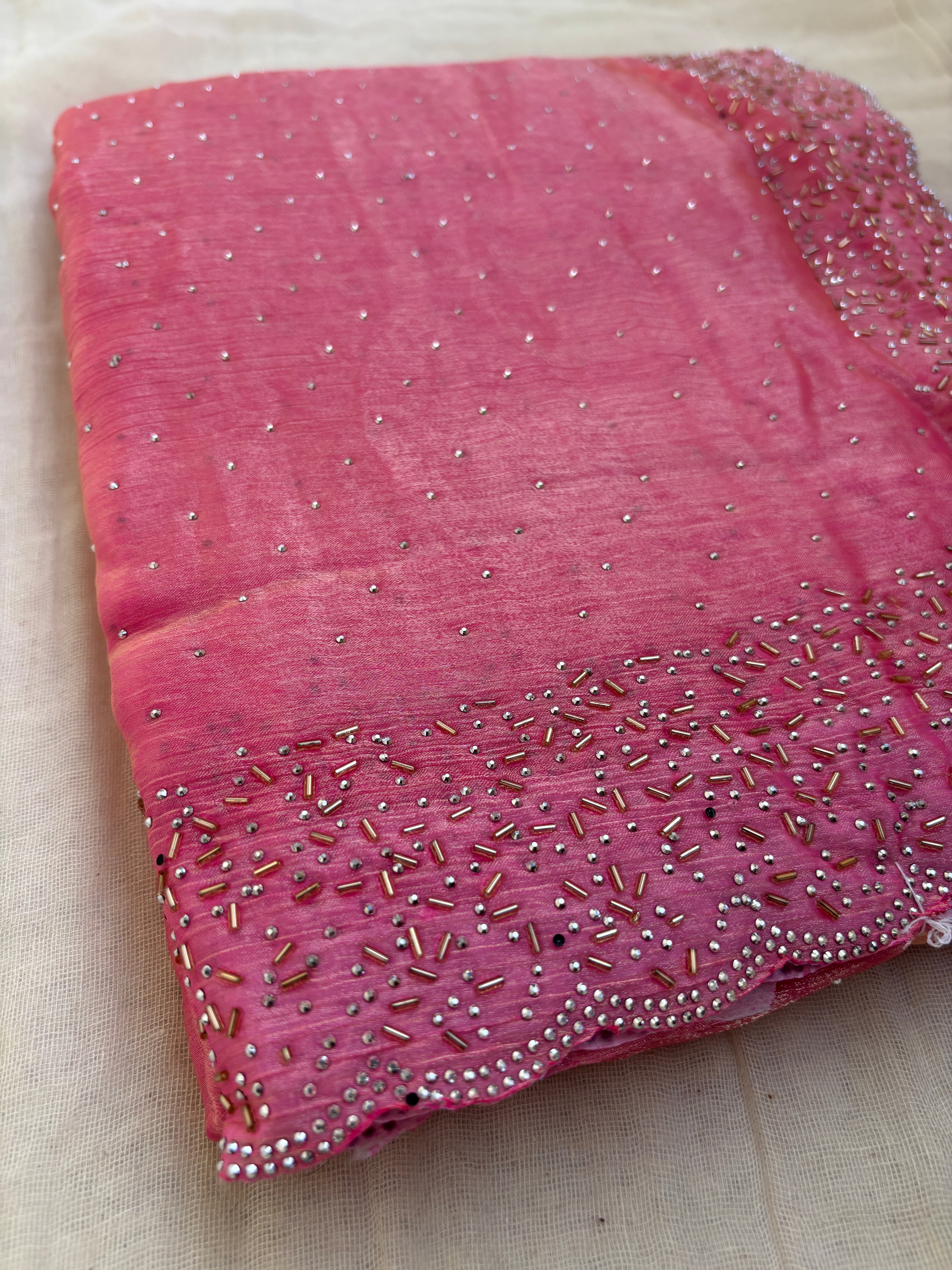 Pink Hand Embellished Saree with Beaded Border | Designer Party Wear Saree