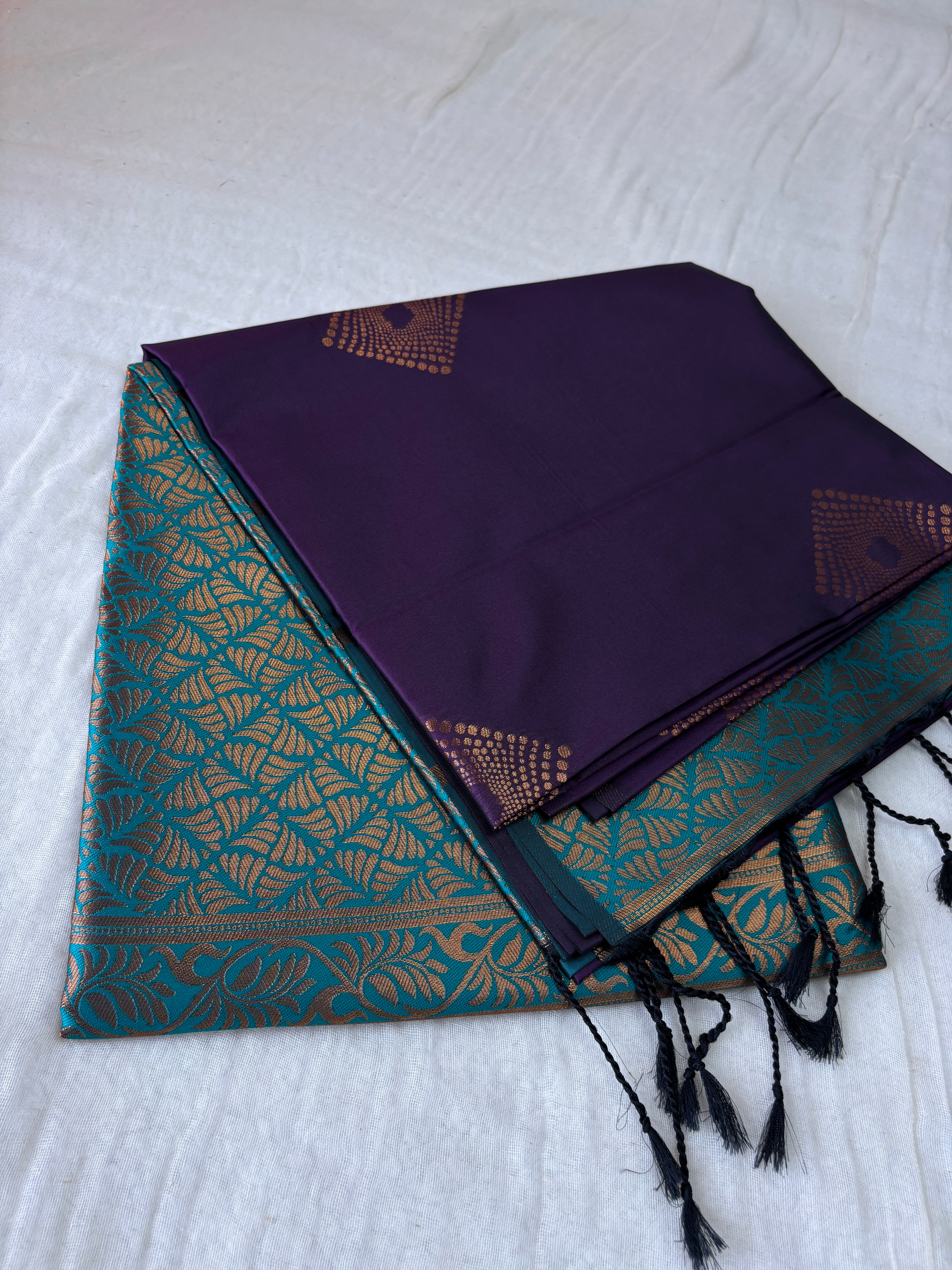 Premium Purple & Teal Silk Saree with Gold Motifs | Festive & Wedding Wear
