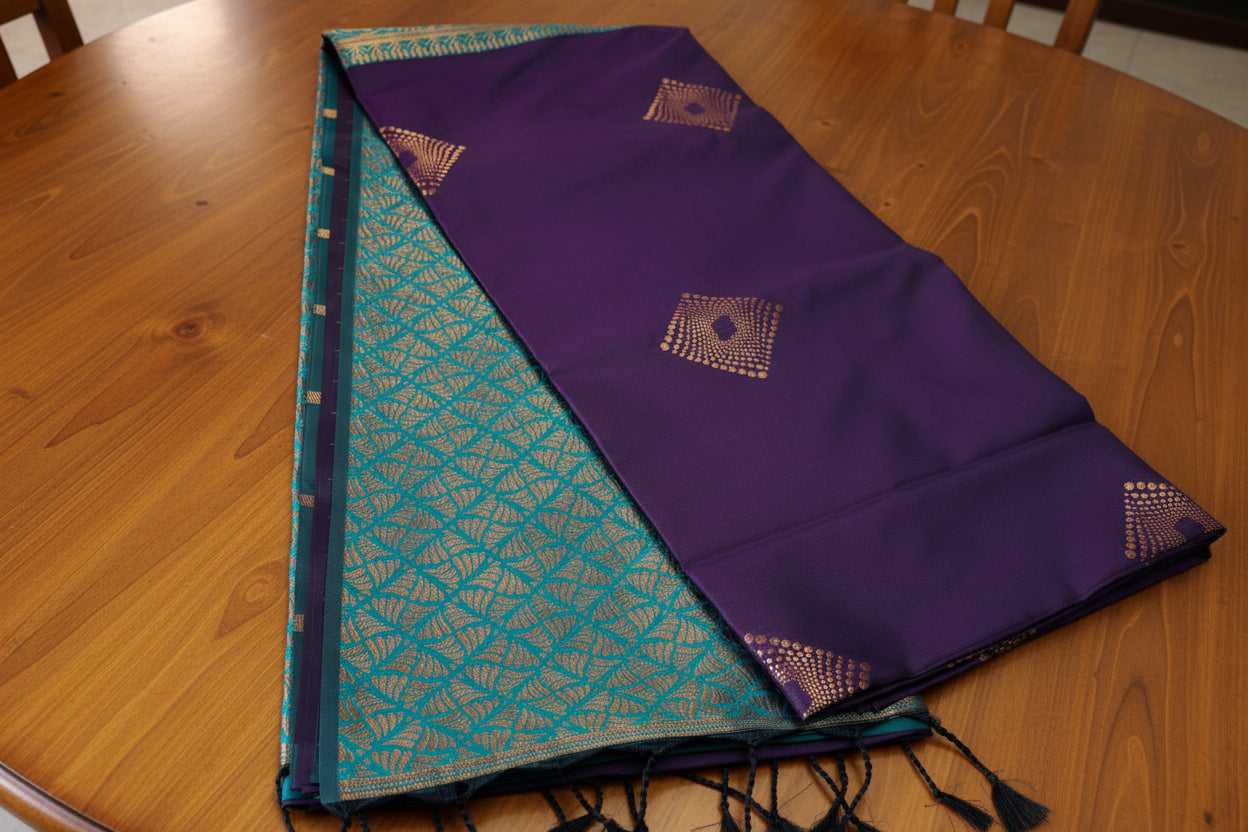 Premium Purple & Teal Silk Saree with Gold Motifs | Festive & Wedding Wear