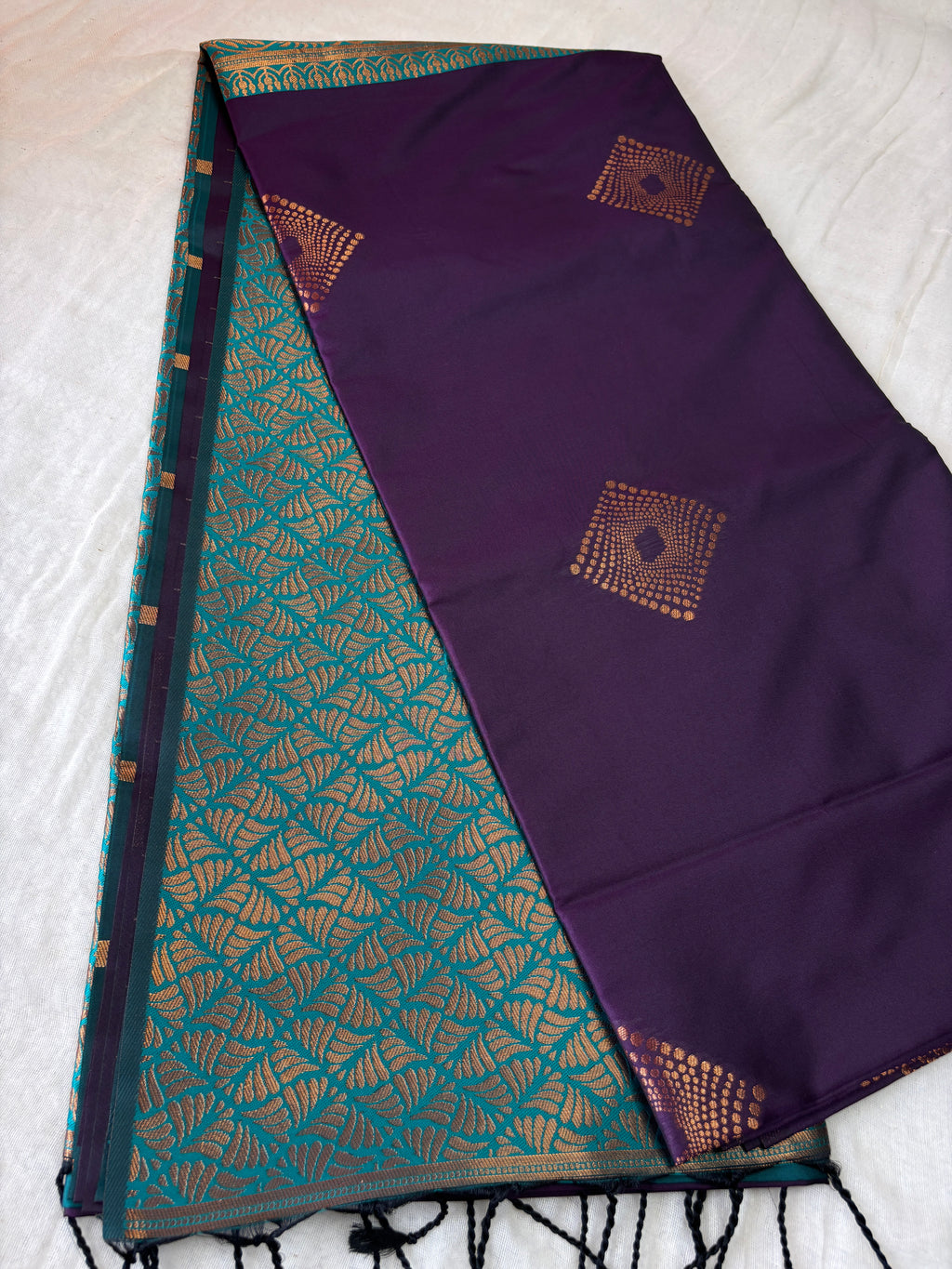 Premium Purple & Teal Silk Saree with Gold Motifs | Festive & Wedding Wear