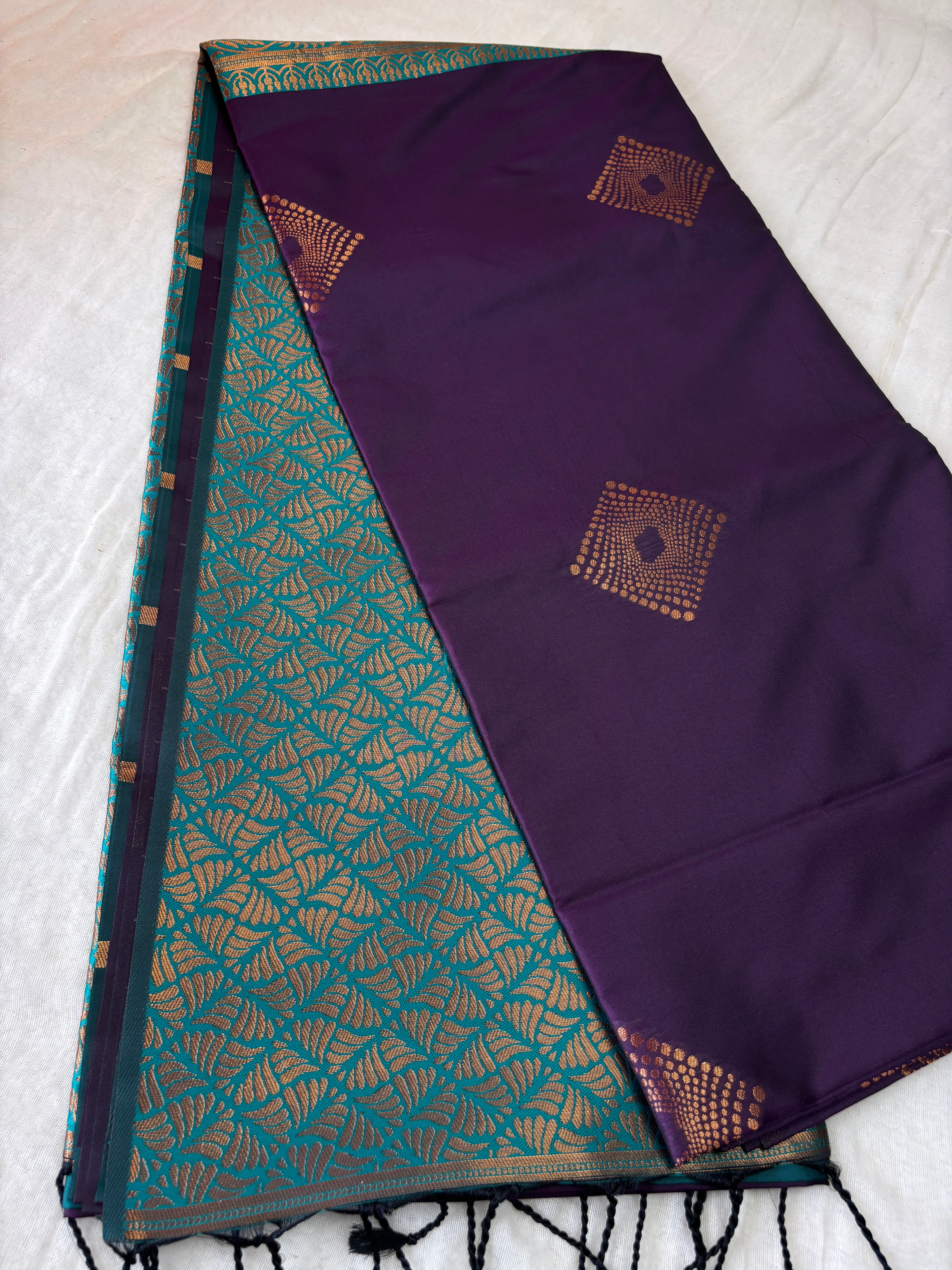 Premium Purple & Teal Silk Saree with Gold Motifs | Festive & Wedding Wear