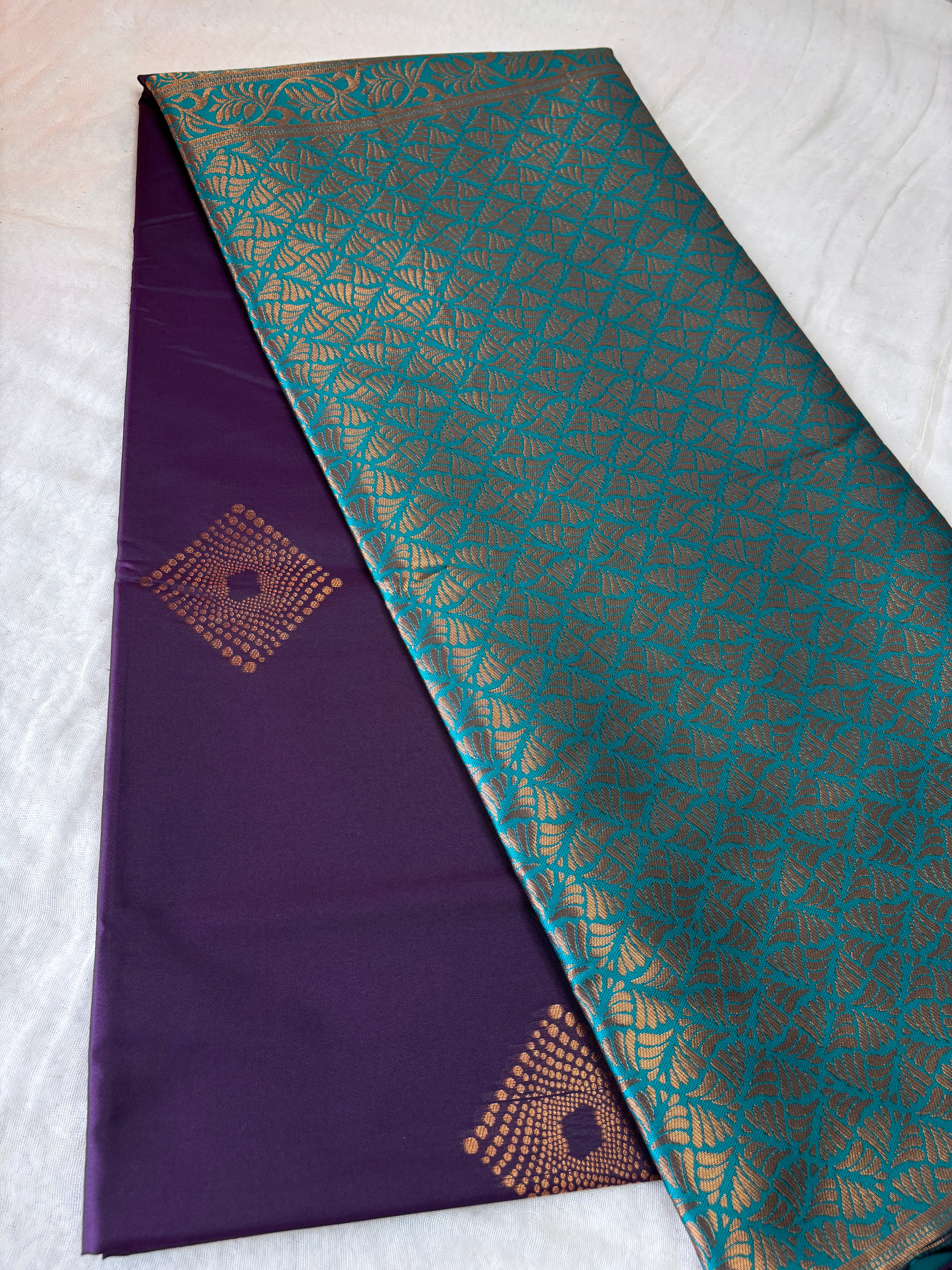 Premium Purple & Teal Silk Saree with Gold Motifs | Festive & Wedding Wear