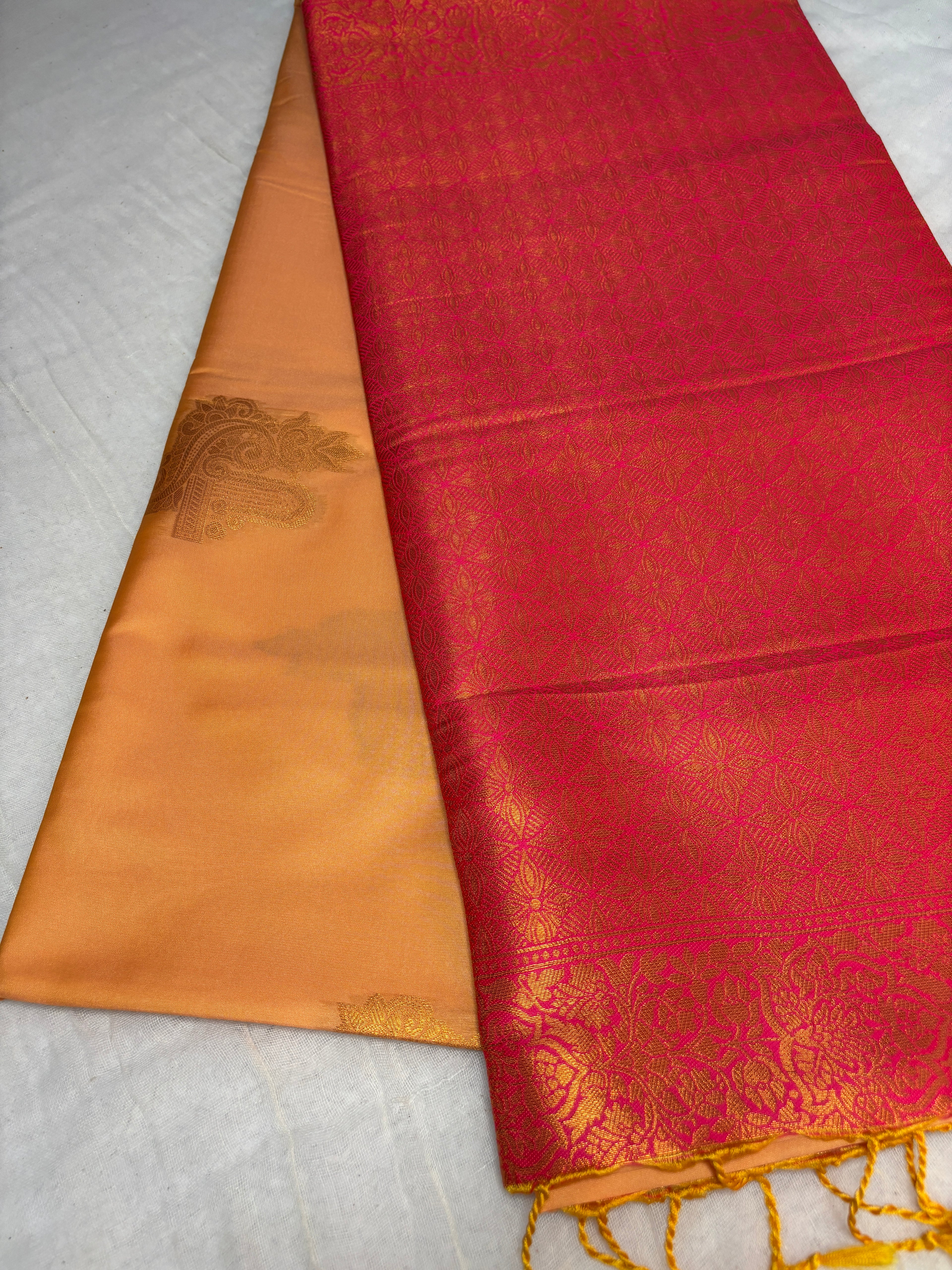 Premium Golden Orange Silk Saree with Rich Pink Brocade Pallu | Traditional Festive Wear Saree for Women