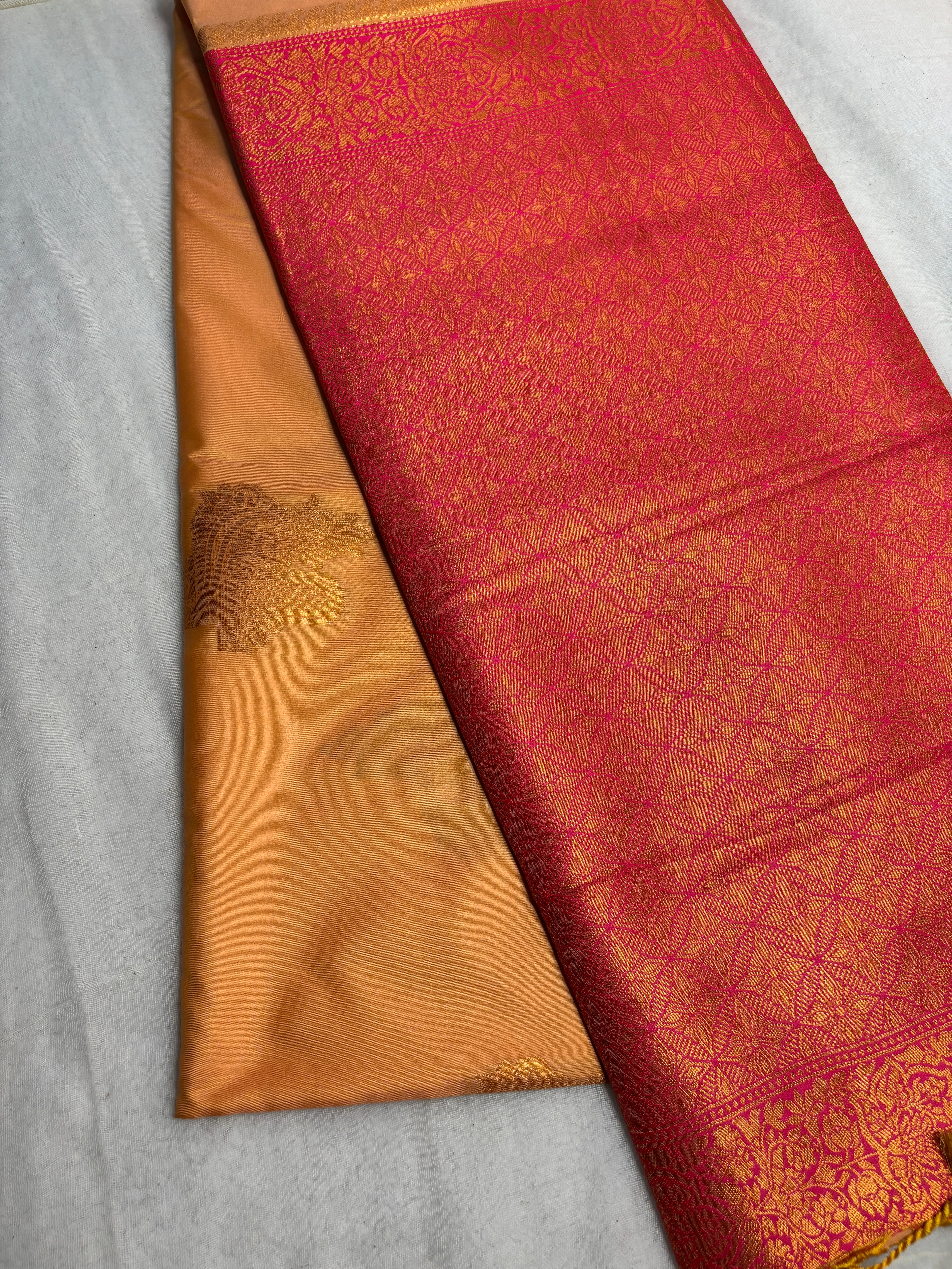 Premium Golden Orange Silk Saree with Rich Pink Brocade Pallu | Traditional Festive Wear Saree for Women