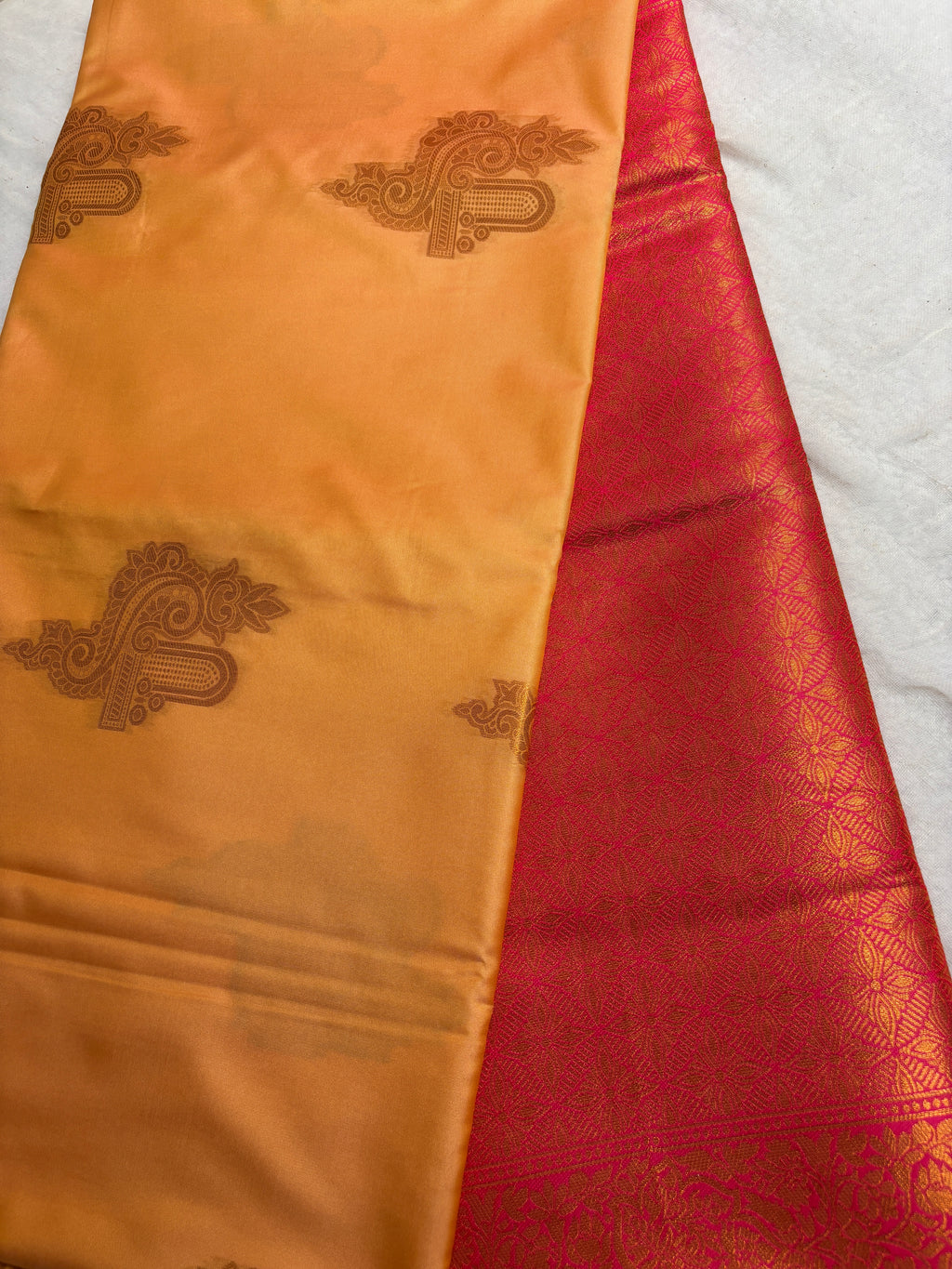 Premium Golden Orange Silk Saree with Rich Pink Brocade Pallu | Traditional Festive Wear Saree for Women