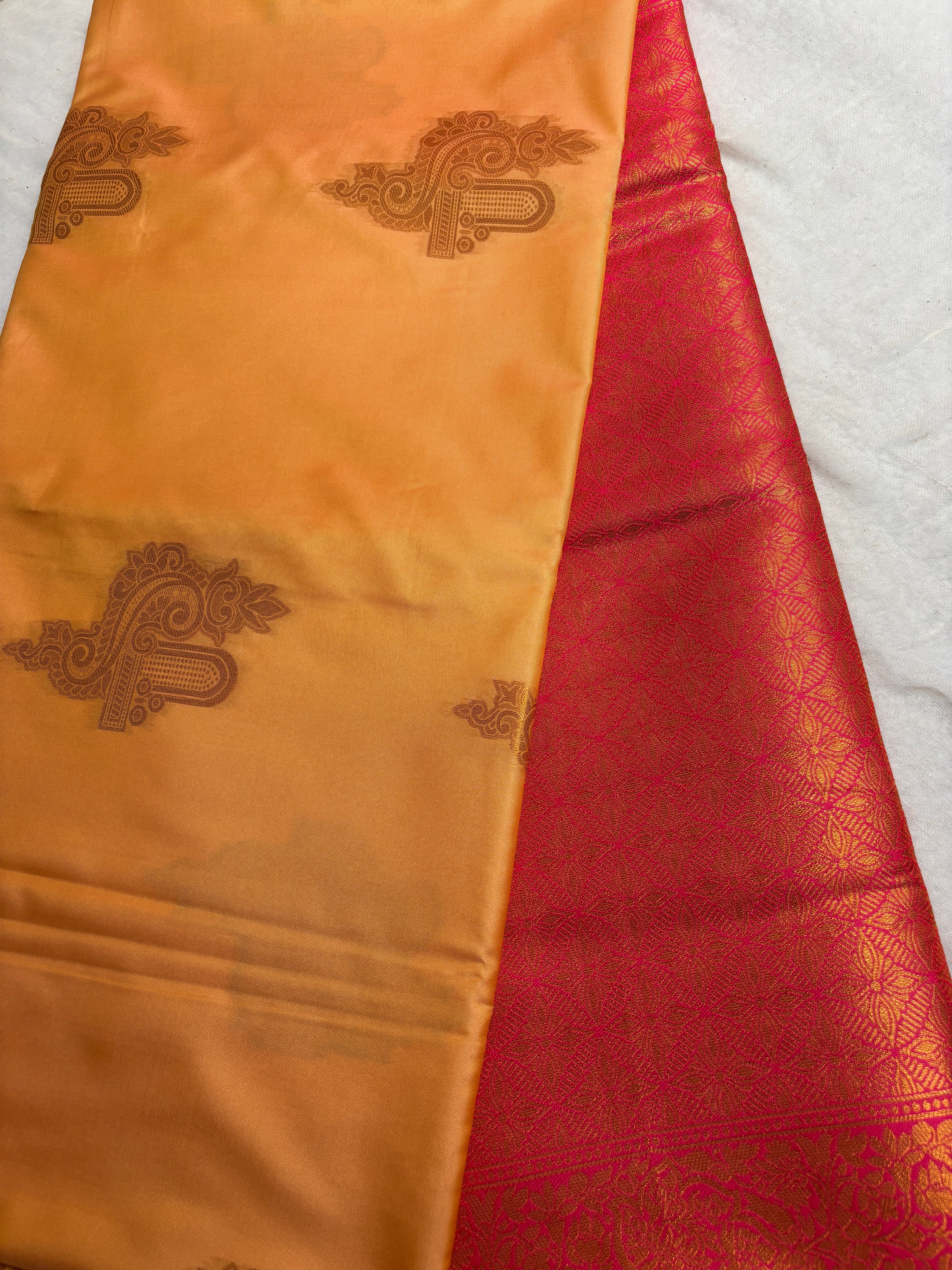 Premium Golden Orange Silk Saree with Rich Pink Brocade Pallu | Traditional Festive Wear Saree for Women